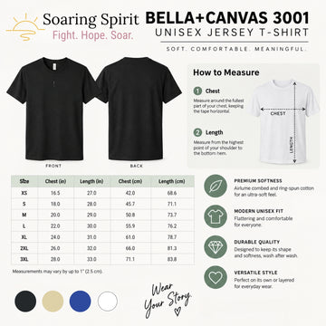 A product information graphic for the Soaring Spirit Bella+Canvas 3001 unisex jersey T-shirt. It shows front and back views of a black short-sleeve quarter-zip T-shirt, a white sleeveless mock-neck T-shirt, a measurement guide, a size table from XS to 3XL, and color swatches in black, beige, blue, and white.