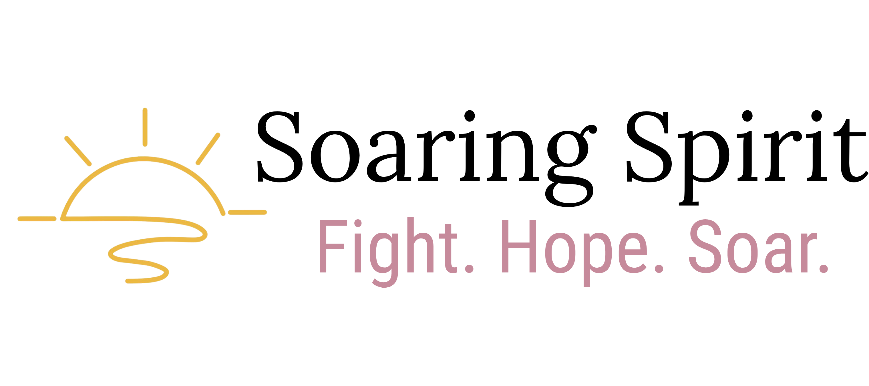 The logo for Soaring Spirit features a yellow line-art sun and wave icon on the left, with the words 'Soaring Spirit' in black and 'Fight. Hope. Soar