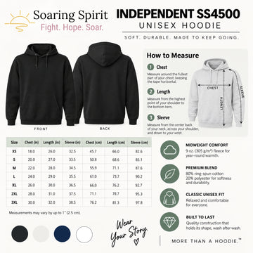 A product infographic for the Soaring Spirit Independent SS4500 Unisex Hoodie. The image features three black hoodies showing the front and back views, alongside a white hoodie displaying the chest and sleeve measurements.