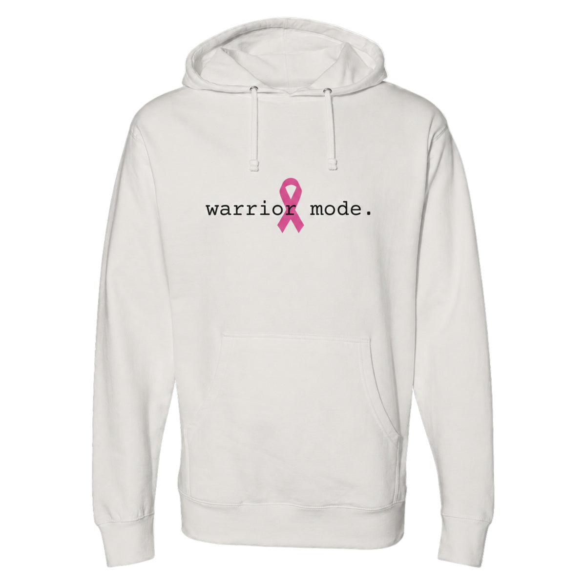 A bone pullover hoodie with a front kangaroo pocket and drawstring hood, featuring the text 'warrior mode.' in black with a pink awareness ribbon graphic on the chest on a white background.