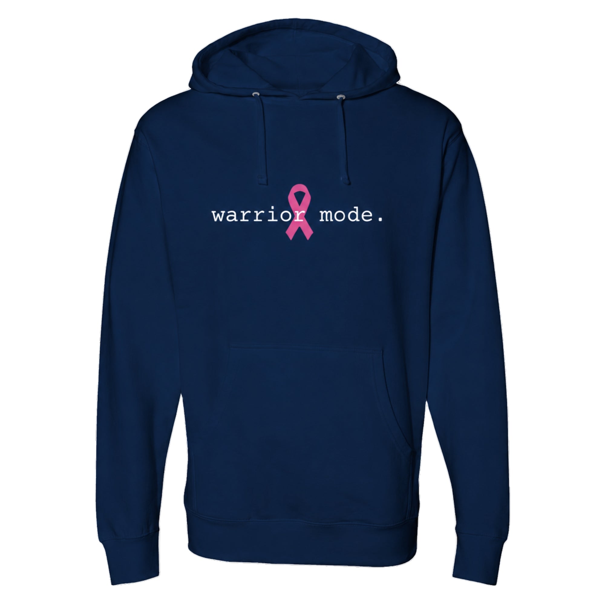 A classsic navy blue pullover hoodie with a front kangaroo pocket and drawstring hood, featuring the text 'warrior mode.' in white and a pink awareness ribbon graphic on the chest.
