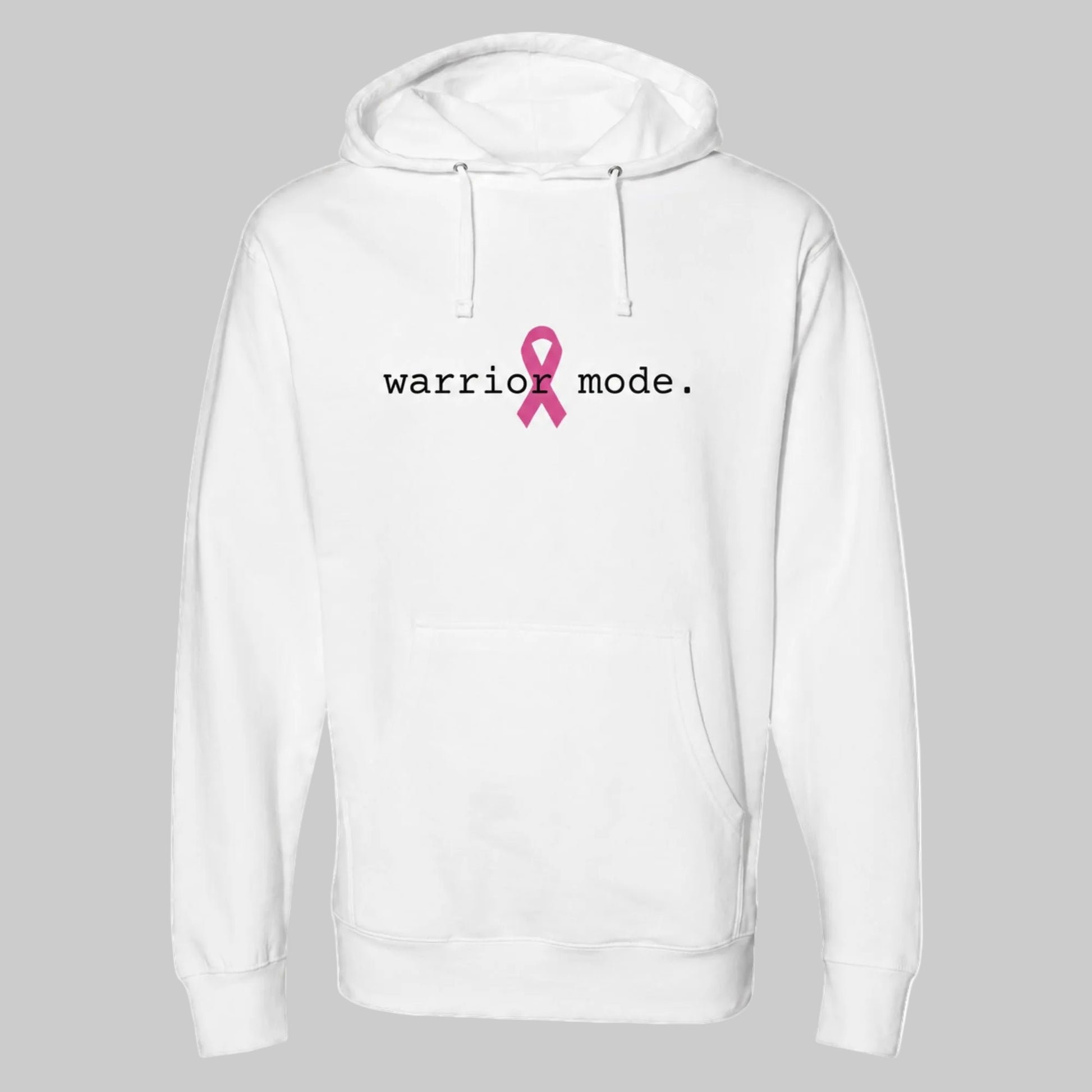 A white pullover hoodie with a front kangaroo pocket and drawstring hood, featuring the text 'warrior mode.' in black with a pink awareness ribbon graphic in the center on a warm grey background.