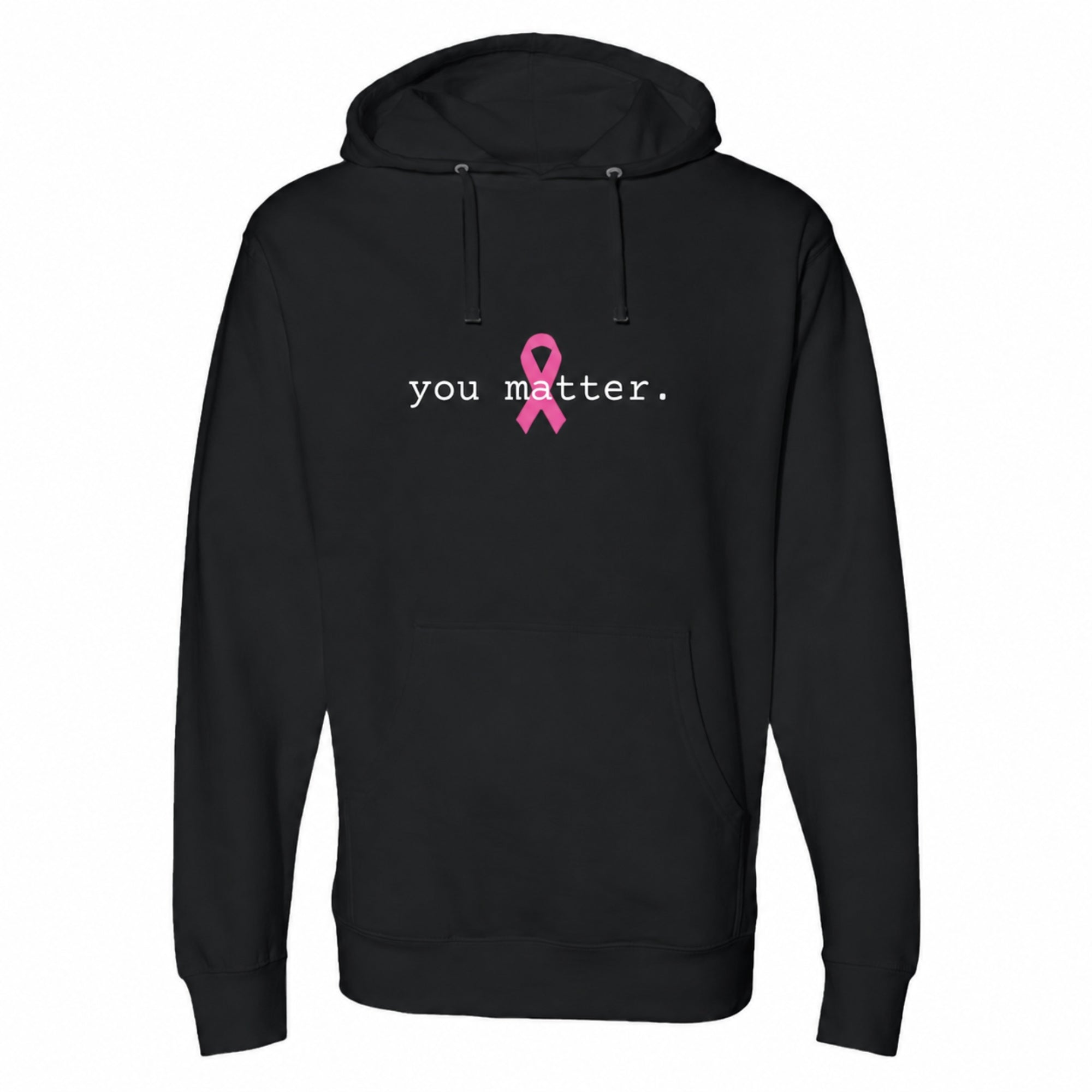Black hoodie with a cross necklace design on the back against a white background with 'you matter.' over a centered pink ribbon