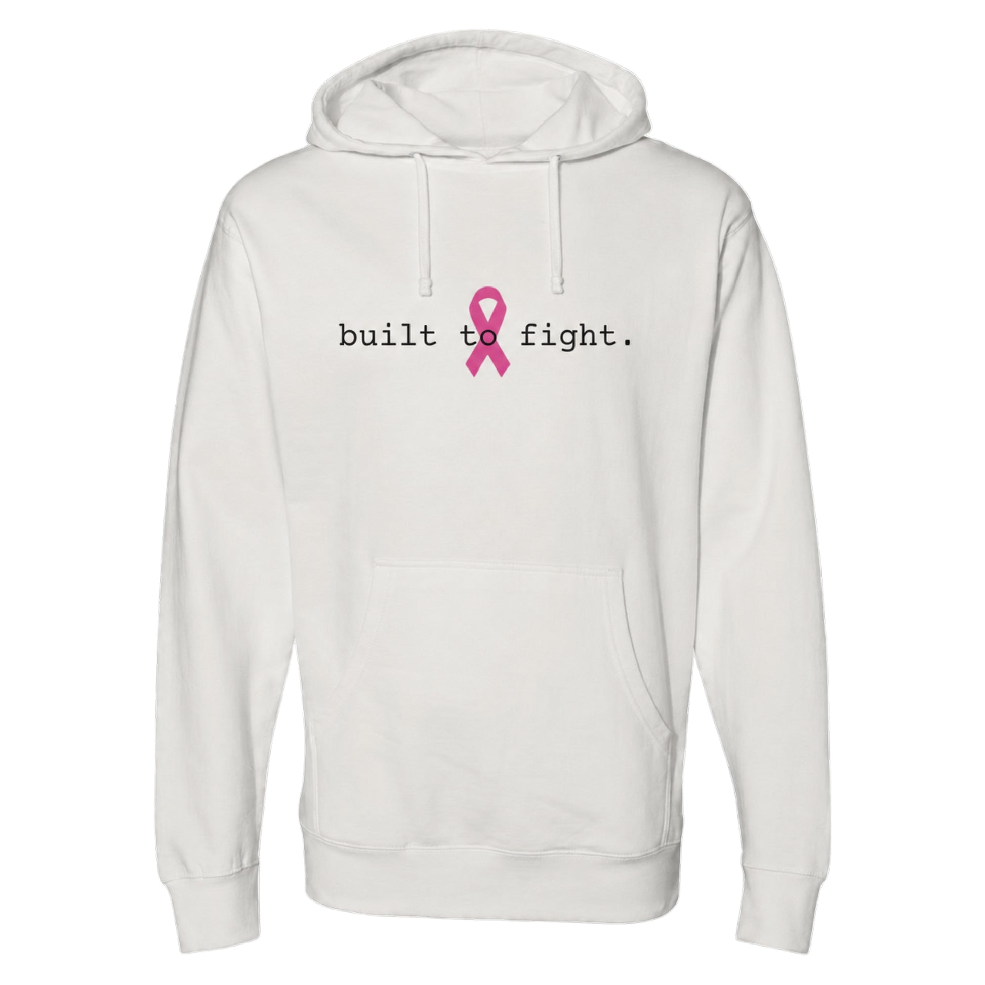 A bone pullover hoodie with a front kangaroo pocket and drawstring hood, featuring the printed text 'built to fight.' in black next to a pink awareness ribbon on the chest.
