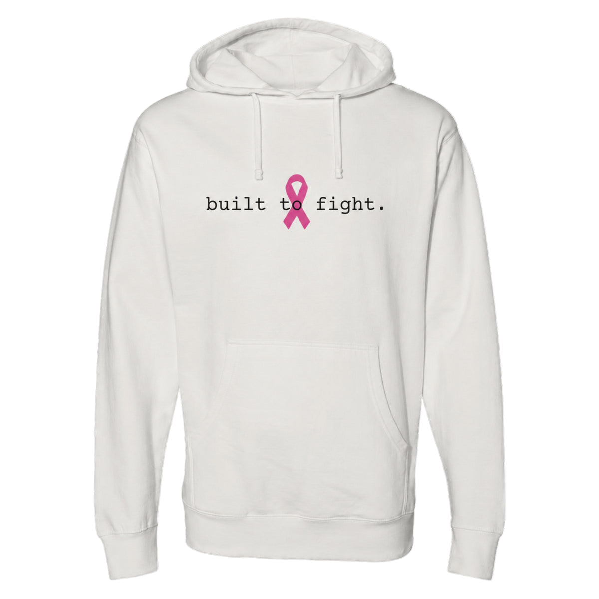 A bone pullover hoodie with a front kangaroo pocket and drawstring hood, featuring the printed text 'built to fight.' in black next to a pink awareness ribbon on the chest.