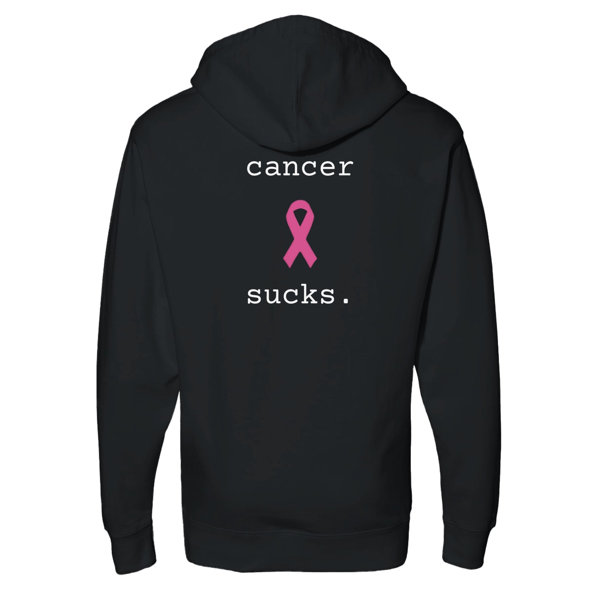 A black pullover hoodie shown from the back, featuring the text 'cancer sucks.' in white with a pink awareness ribbon graphic in the center.
