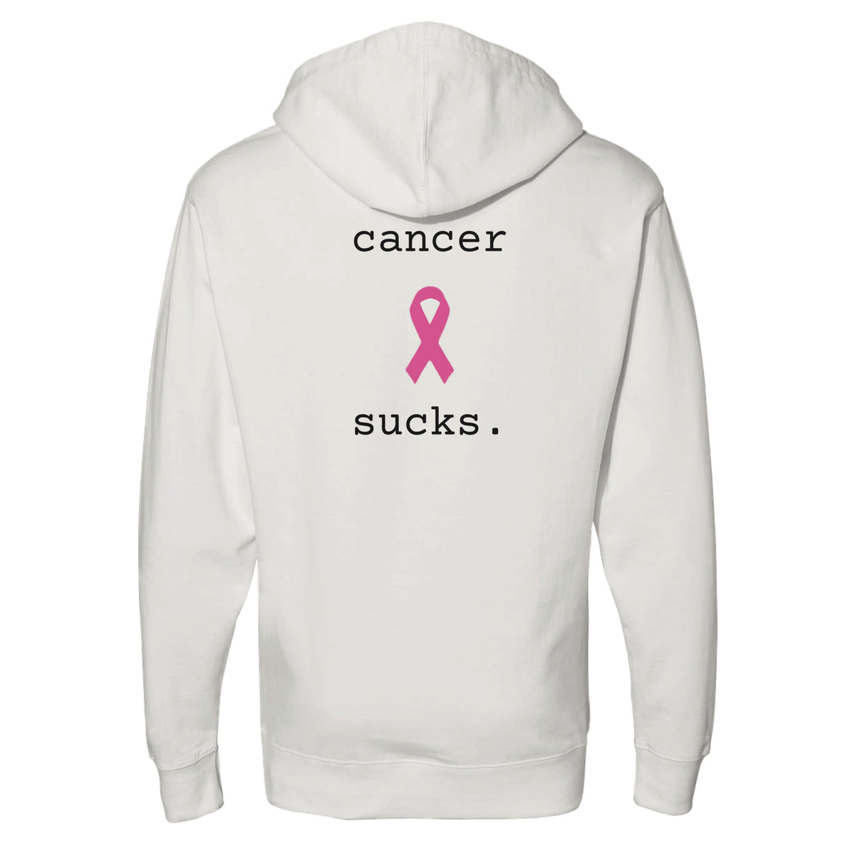 A bone pullover hoodie shown from the back, featuring the text 'cancer sucks.' in black lowercase letters with a pink awareness ribbon graphic in the center.