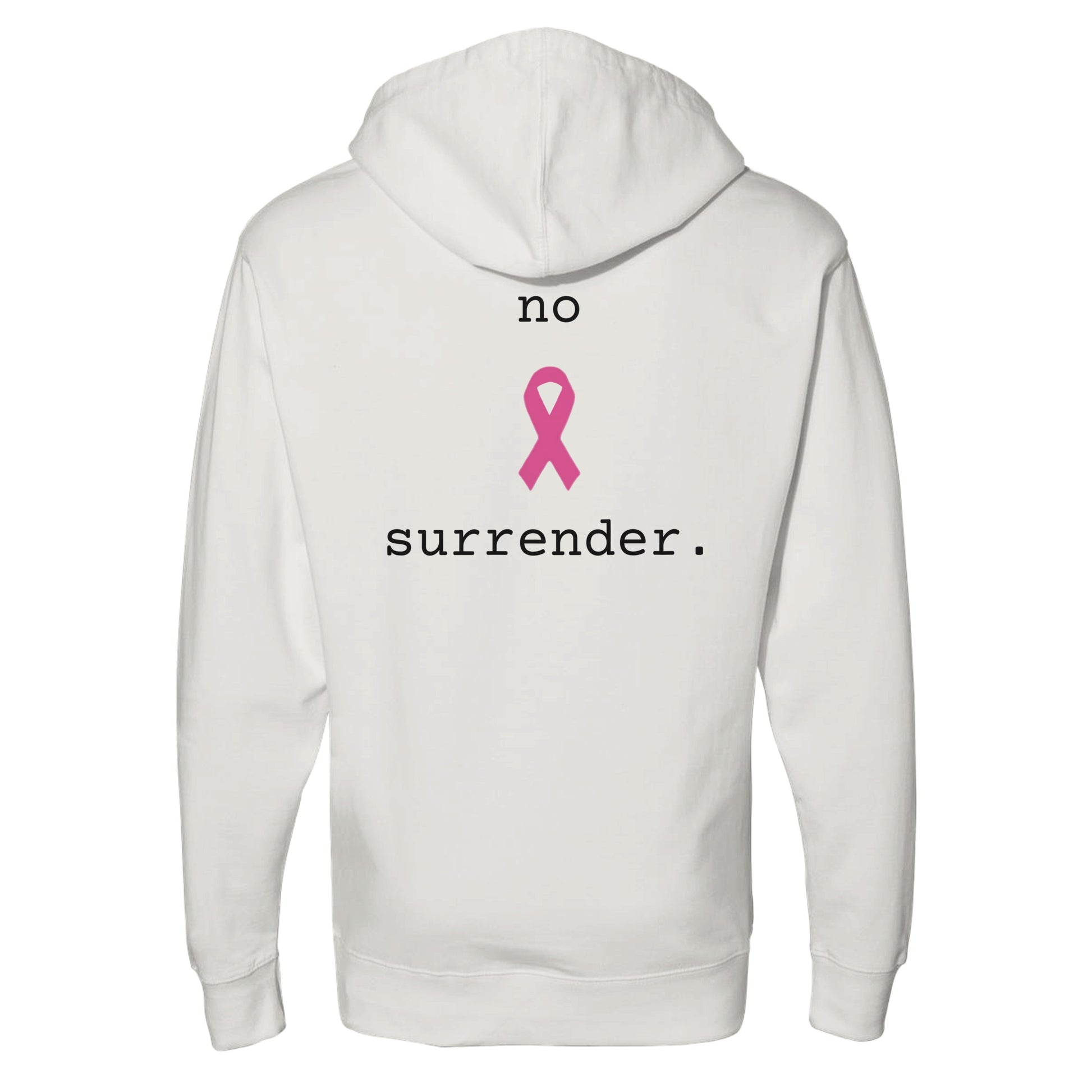 A bone pullover hoodie shown from the back, featuring a pink awareness ribbon graphic with the words 'no' above and 'surrender.' below in white text.