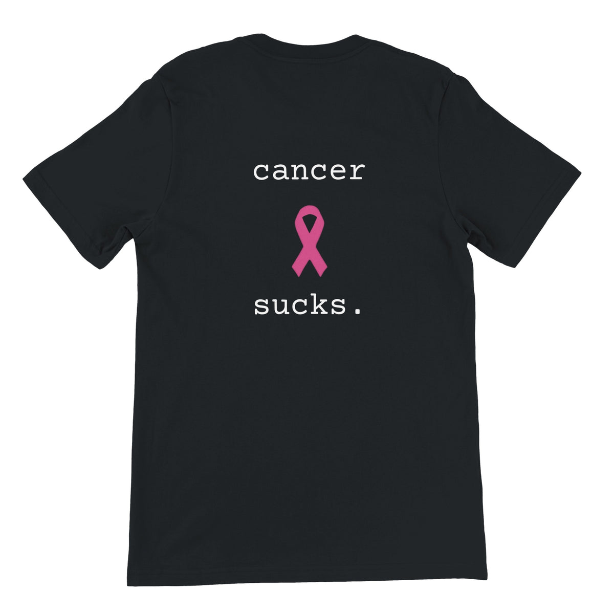 A black short-sleeve t-shirt with a graphic on the front reading 'cancer sucks.' in white text with a pink awareness ribbon in the center, shown on a plain white background.