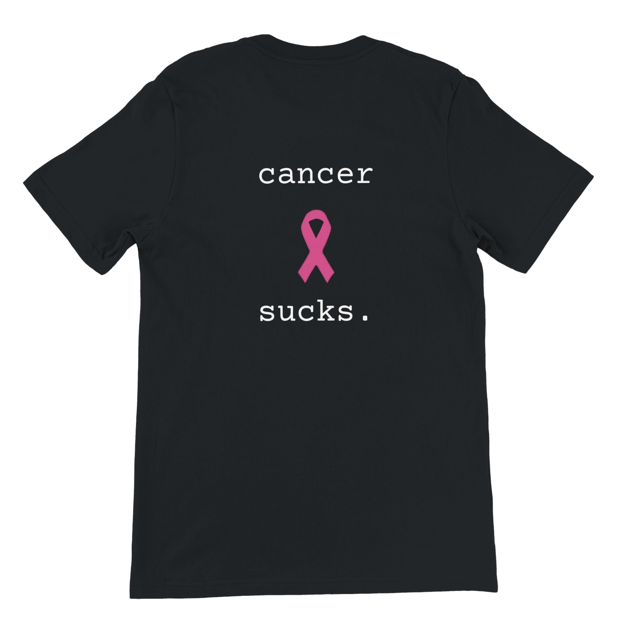A black short-sleeve t-shirt with a graphic on the front reading 'cancer sucks.' in white text with a pink awareness ribbon in the center, shown on a plain white background.