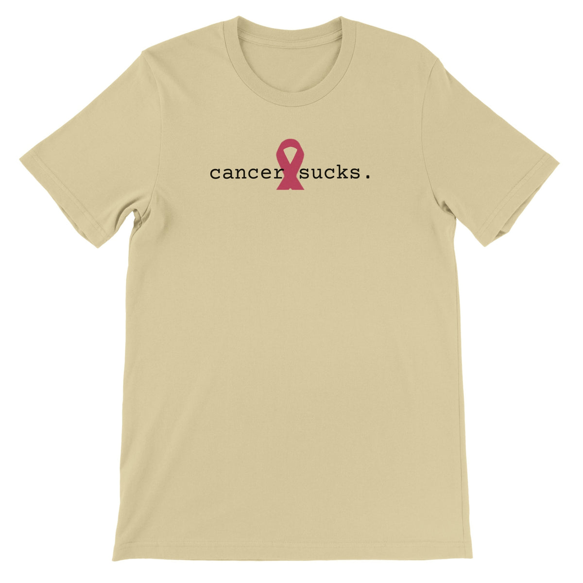 A natural short-sleeve crewneck t-shirt featuring a pink awareness ribbon graphic and the text 'cancer sucks.' printed across the chest.