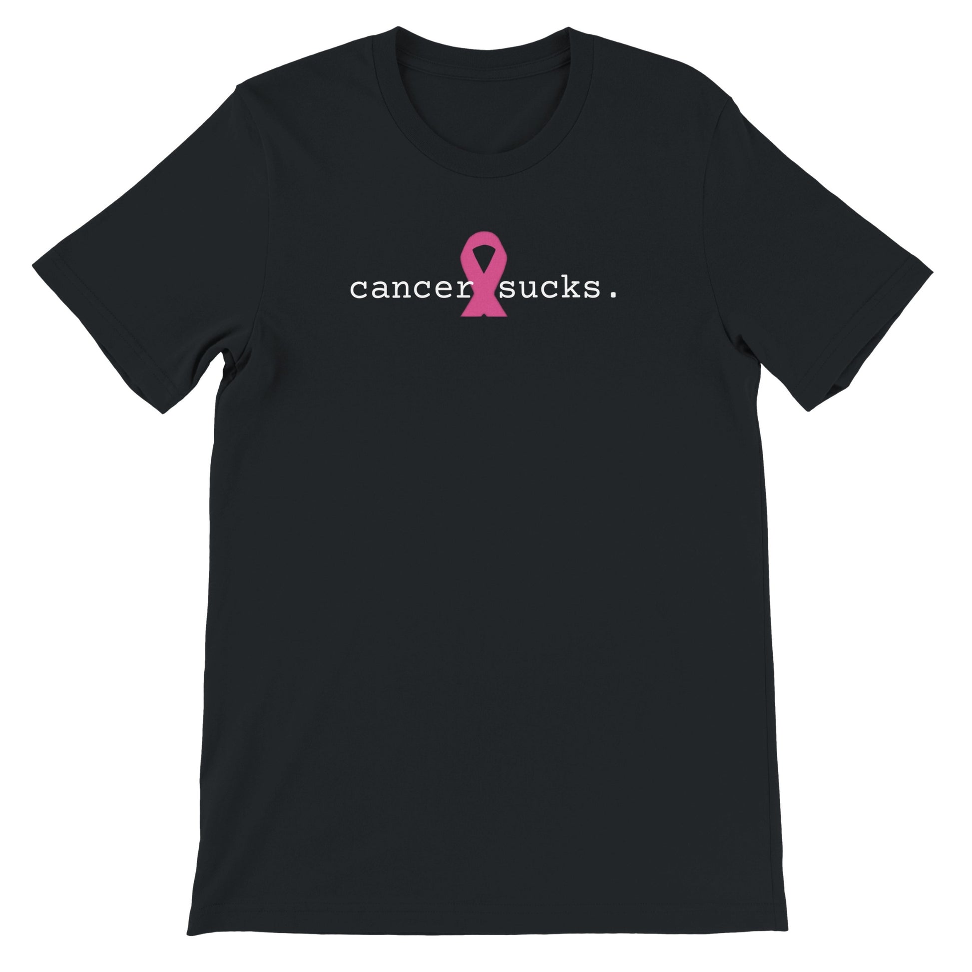 Black t-shirt with white text 'cancer sucks.' on a white background