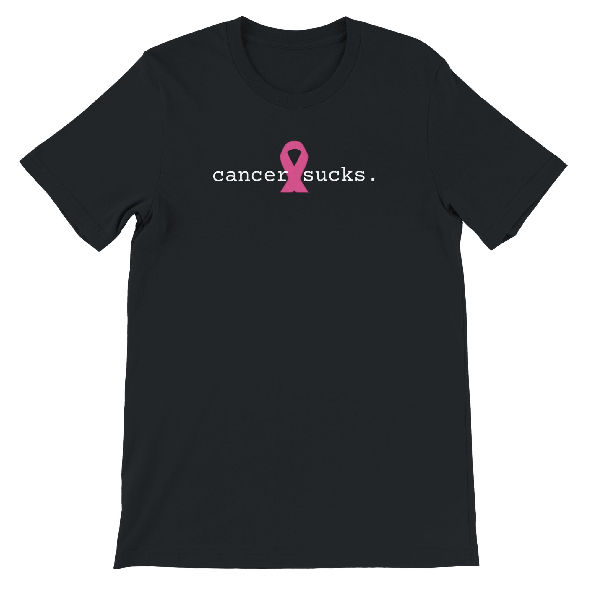 Black t-shirt with white text 'cancer sucks.' on a white background