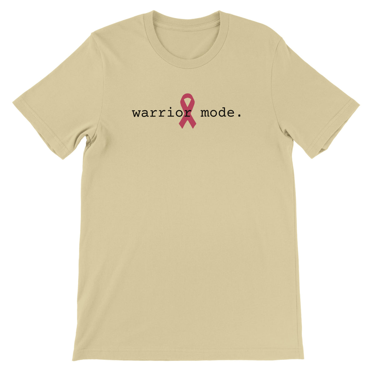 A natural-colored short-sleeve crewneck t-shirt with the text 'warrior mode.' printed in black across the chest, featuring a pink awareness ribbon graphic integrated into the lettering.