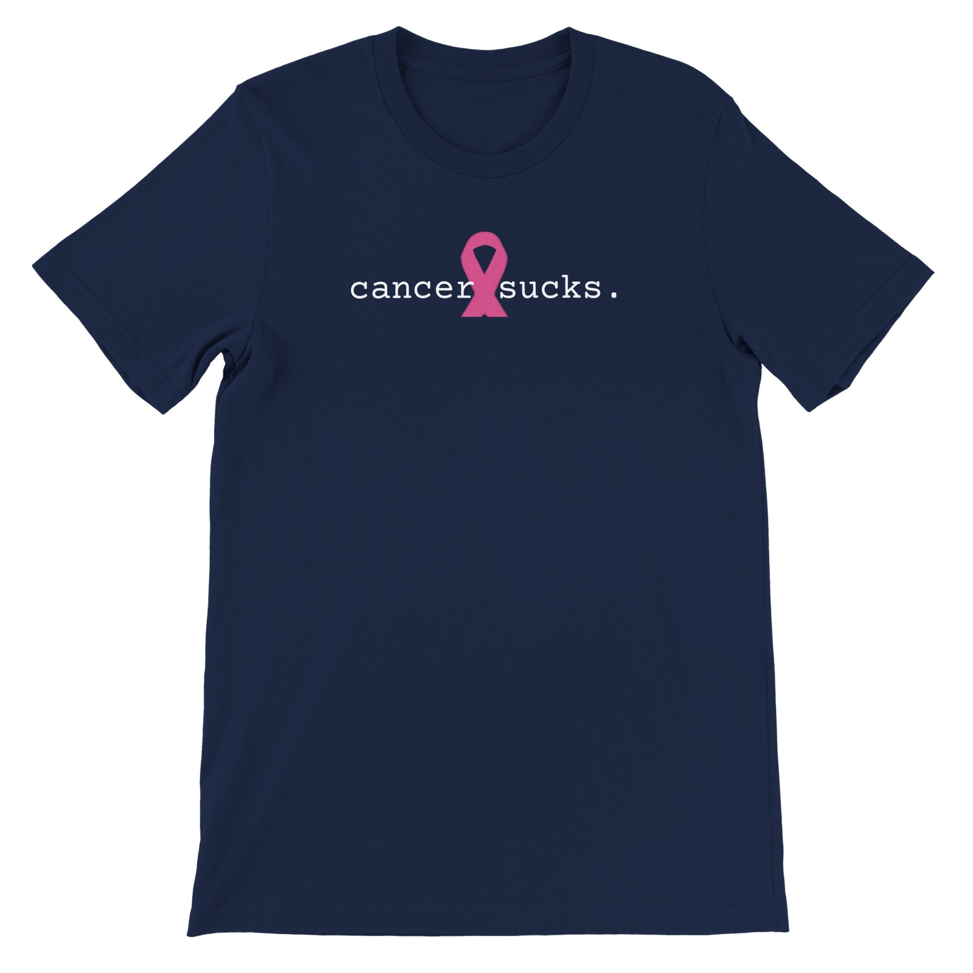 Navy t-shirt with white text 'cancer sucks.' on a white background