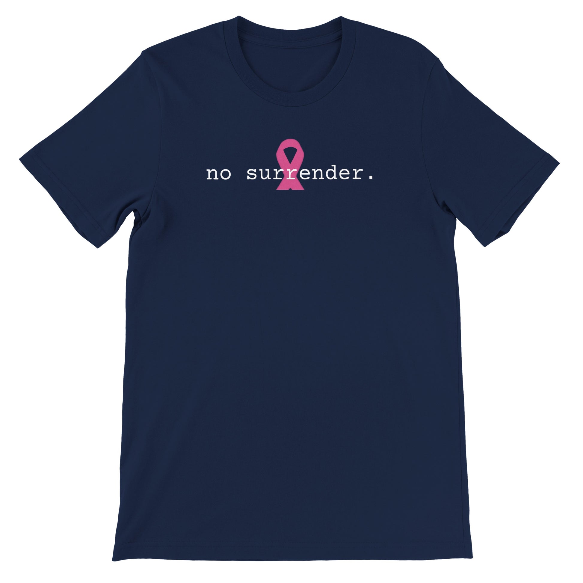 A navy short-sleeve crewneck t-shirt with a pink awareness ribbon graphic and the text 'no surrender.' printed on the chest.