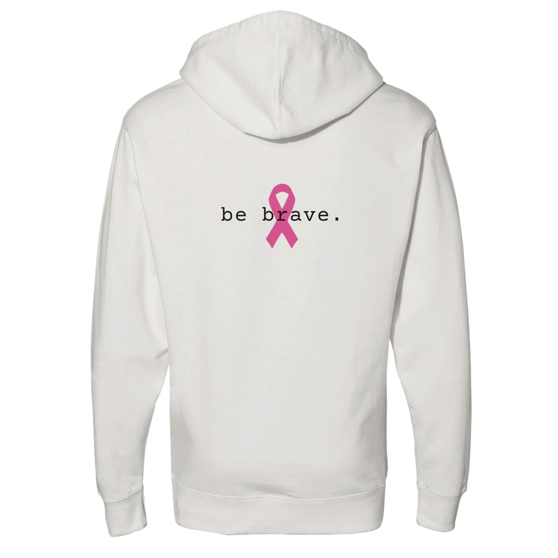 A bone pullover hoodie is shown from the back, featuring the word 'be brave.' in white text and a pink awareness ribbon graphic in the center.