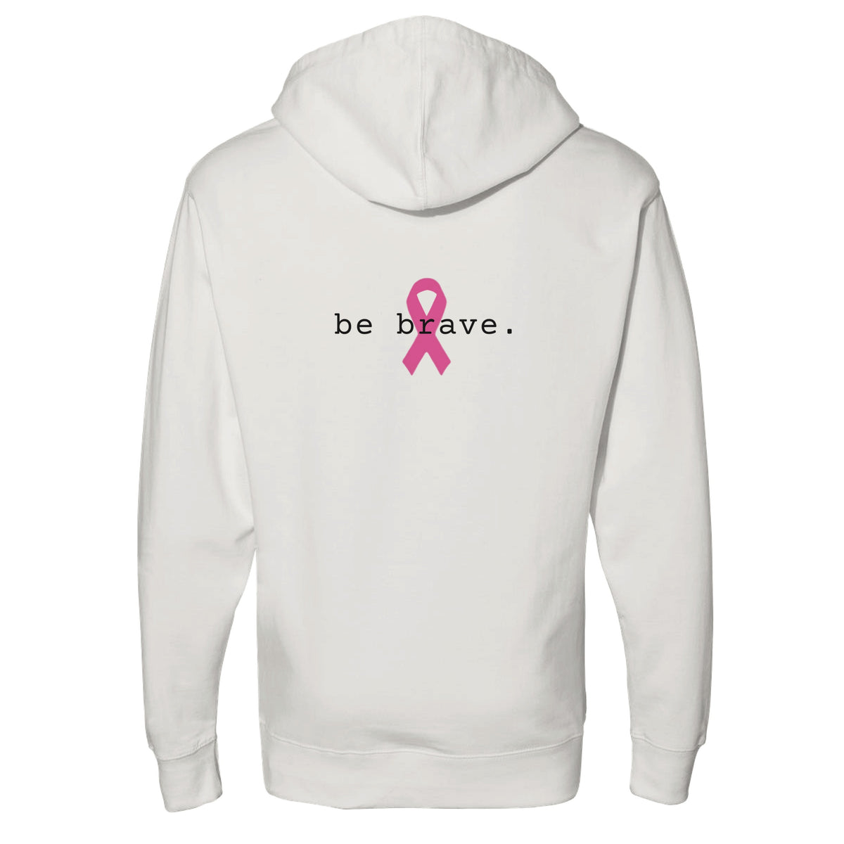 A bone pullover hoodie is shown from the back, featuring the word 'be brave.' in white text and a pink awareness ribbon graphic in the center.