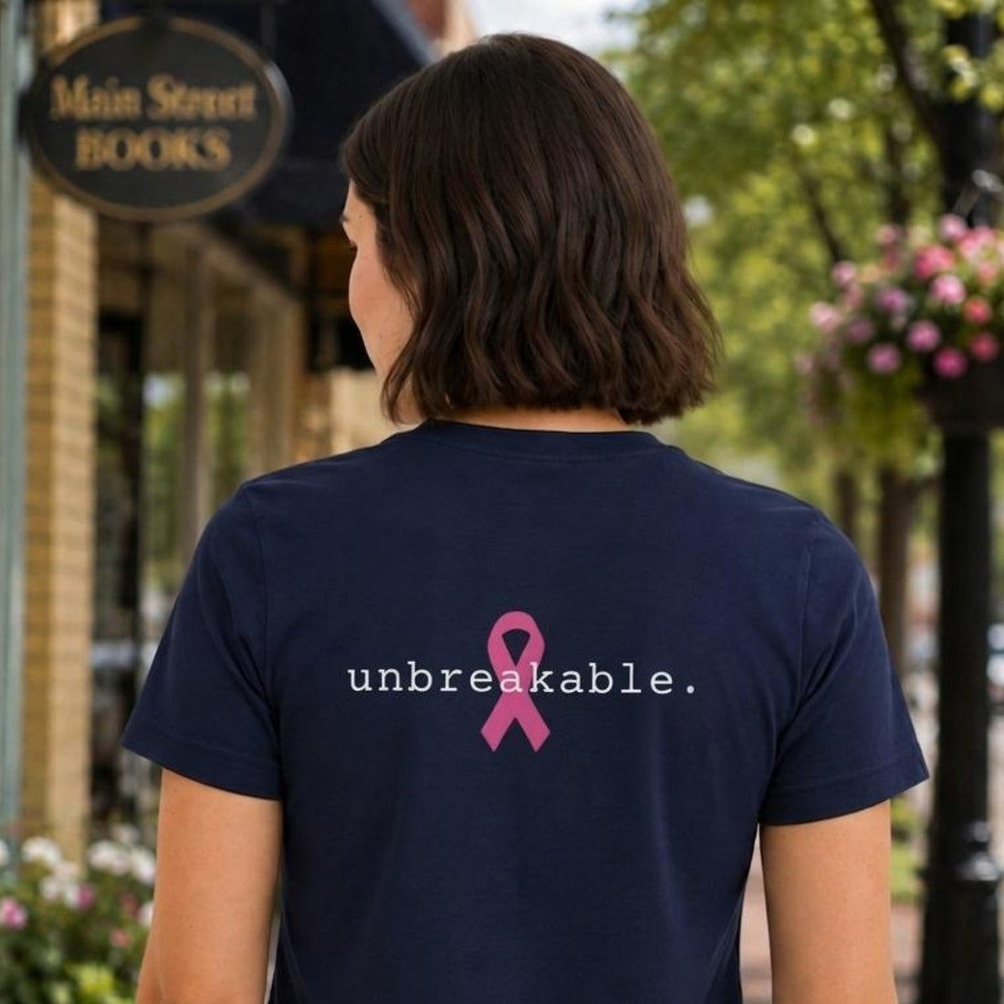 A woman wearing a navy blue t-shirt with a pink ribbon graphic and the word 'unbreakable.' printed in white, standing on a city sidewalk in front of a storefront.