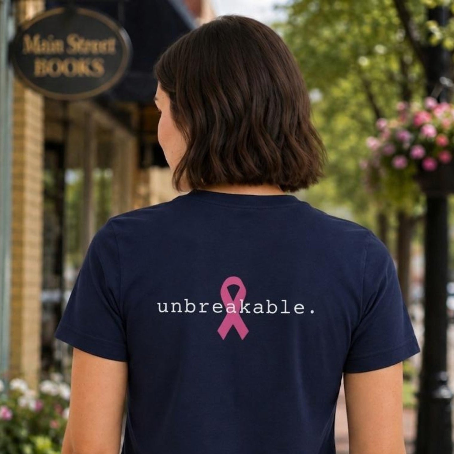 A woman viewed from behind wearing a navy blue t-shirt with a pink ribbon graphic and the word 'unbreakable.' printed on the back, standing on a city street sidewalk.