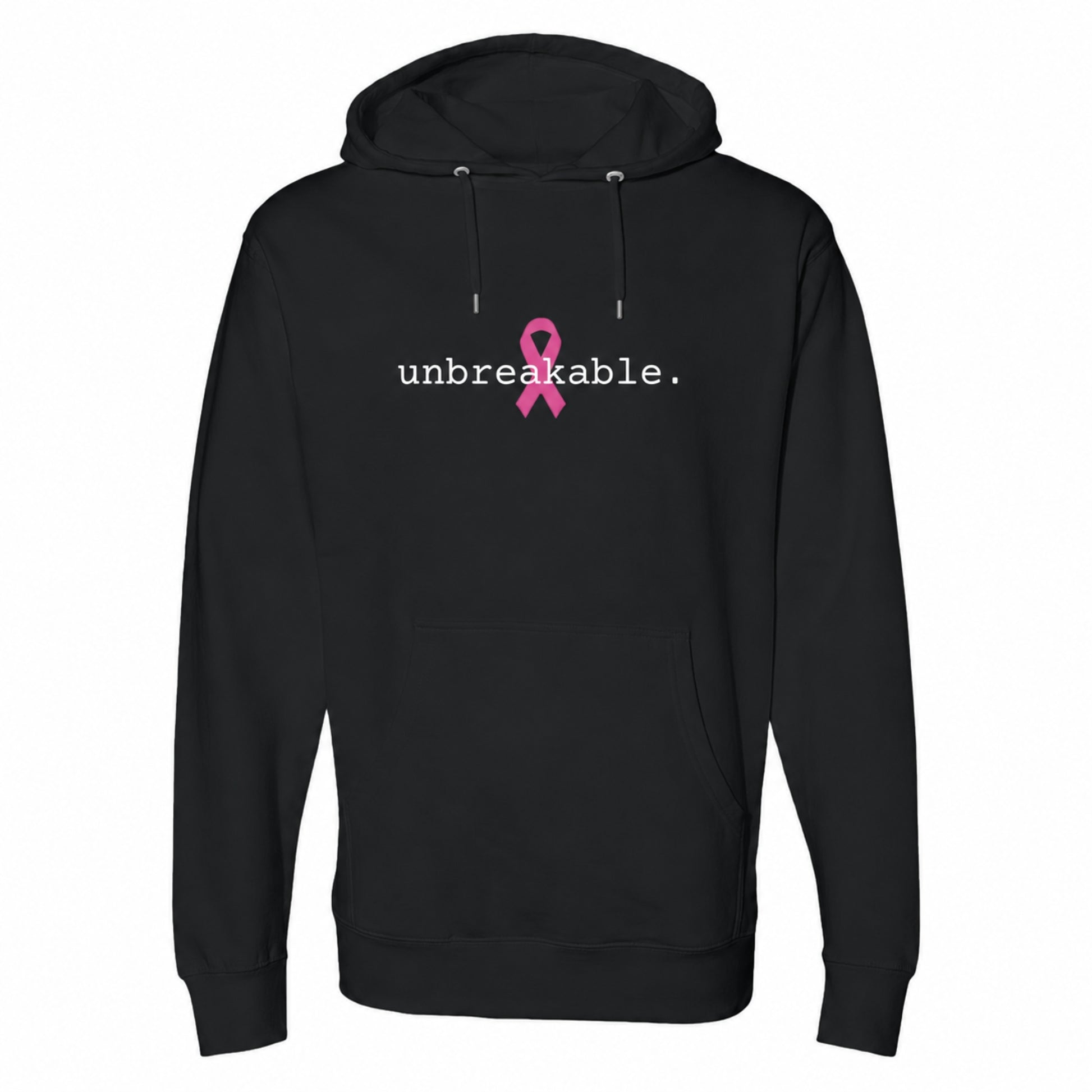 A black pullover hoodie with a front kangaroo pocket and drawstring hood, featuring the word 'unbreakable.' in white text and a pink awareness ribbon printed on the chest, shown on a plain white background.