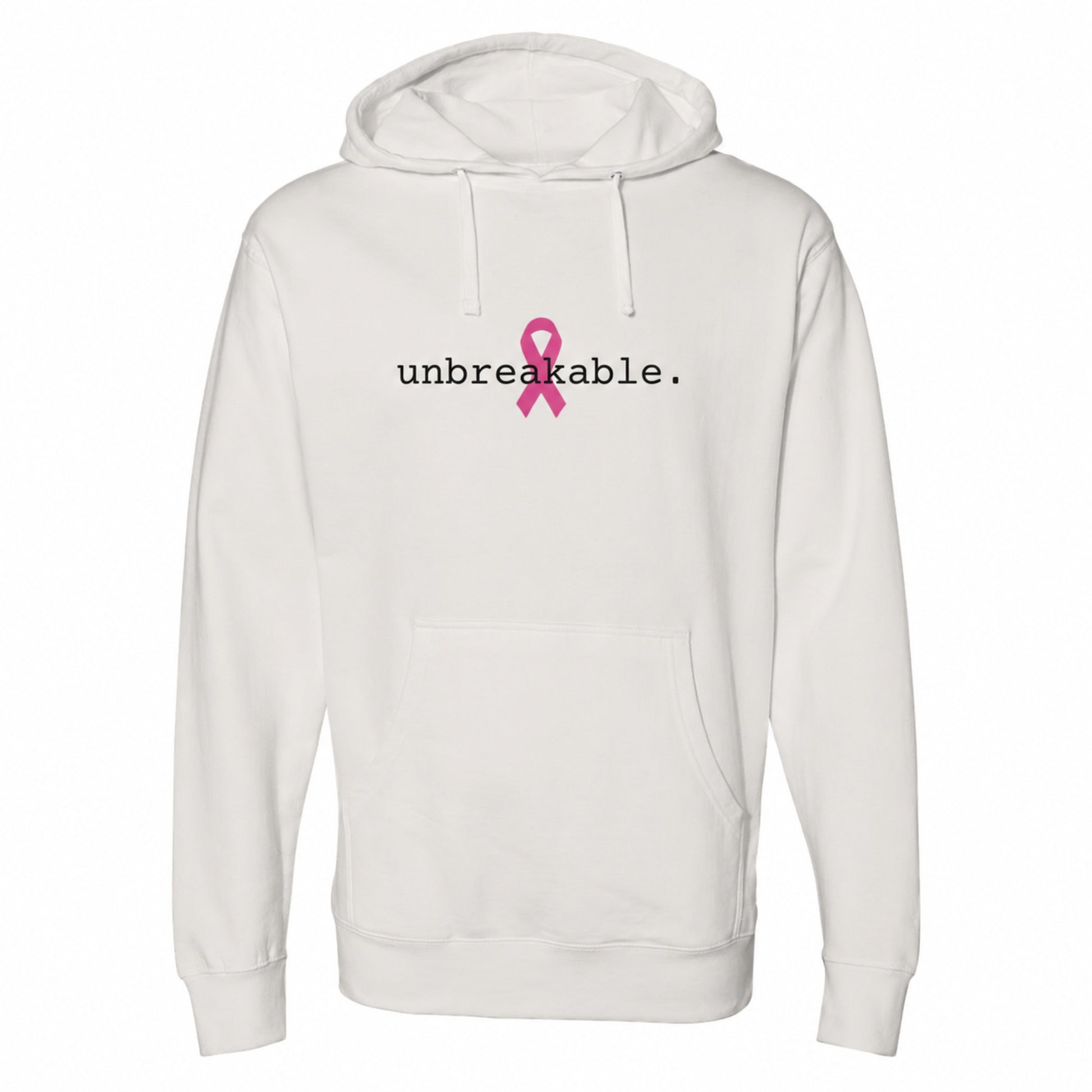 A bone pullover hoodie with a pink ribbon graphic and the text 'stronger t an cancer.' printed on the chest, displayed on a clean white background.
