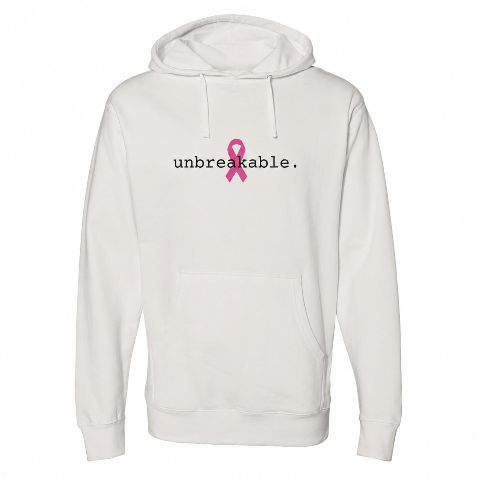 A bone pullover hoodie with a pink ribbon graphic and the text 'stronger t an cancer.' printed on the chest, displayed on a clean white background.