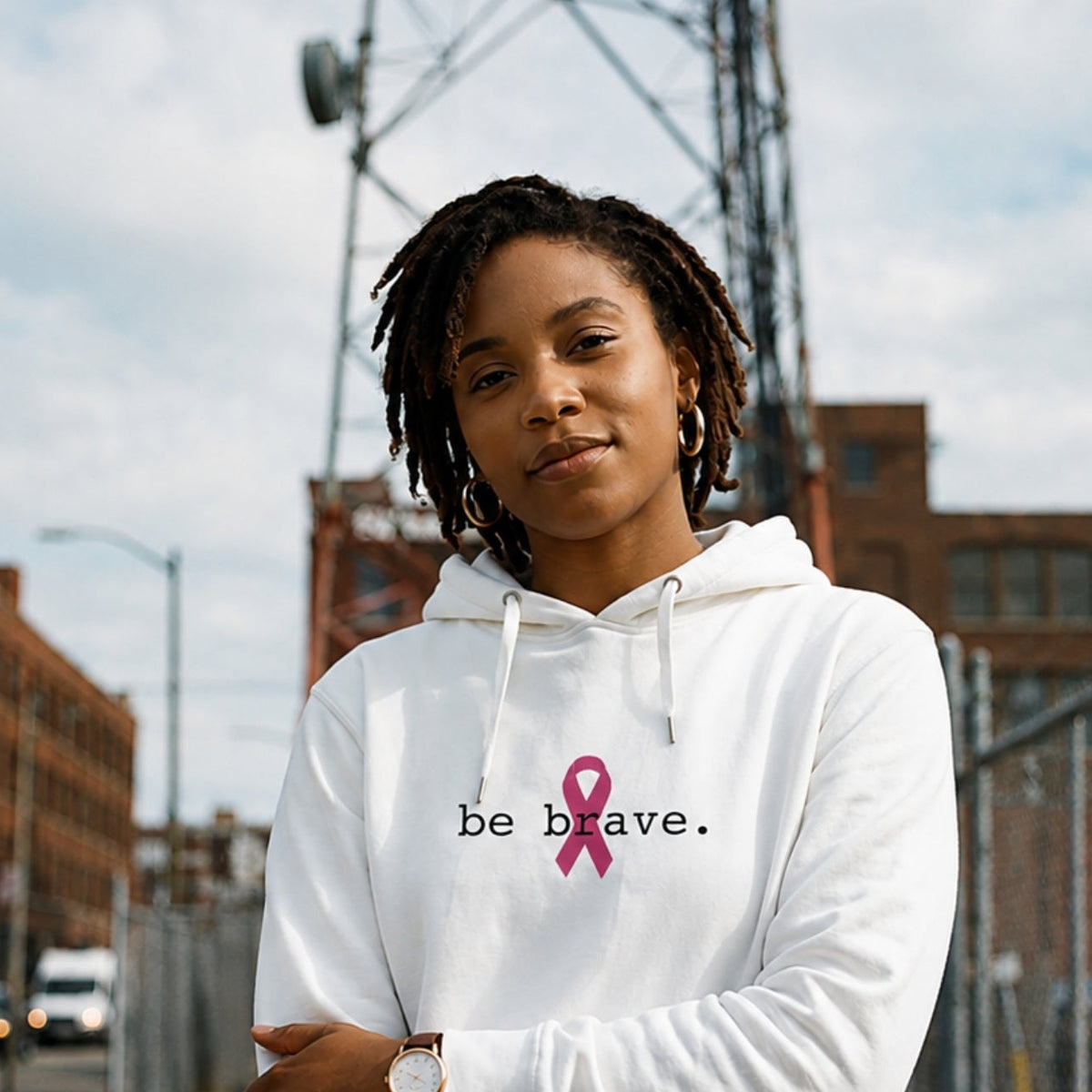 A woman with dreadlocks stands outdoors wearing a white hoodie with the text 'be brave.' and a pink ribbon printed on the chest.