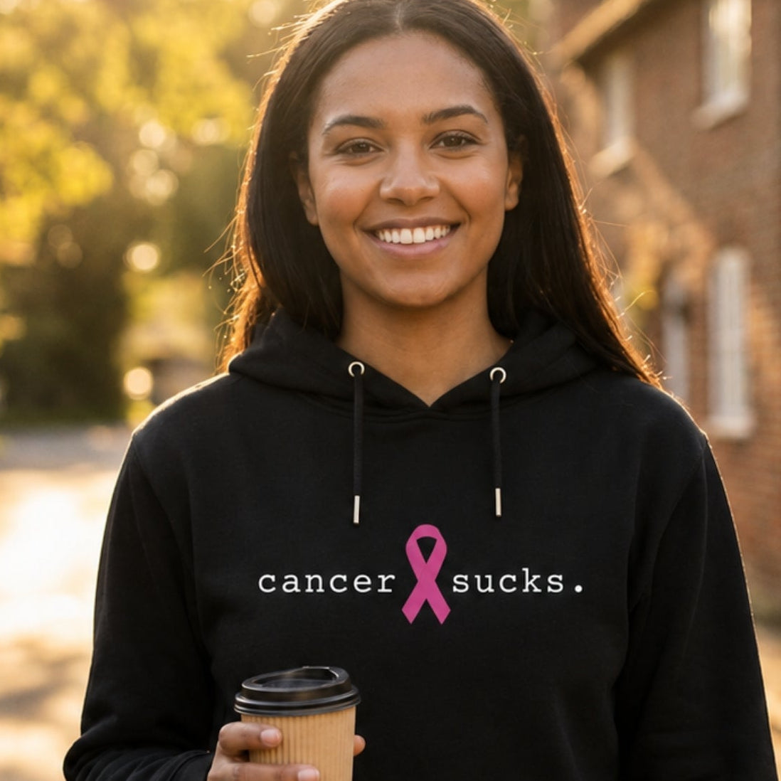 A woman smiling and holding a coffee cup outdoors on a sunlit street, wearing a black hoodie with the text 'cancer sucks.' and a pink ribbon graphic on the chest.