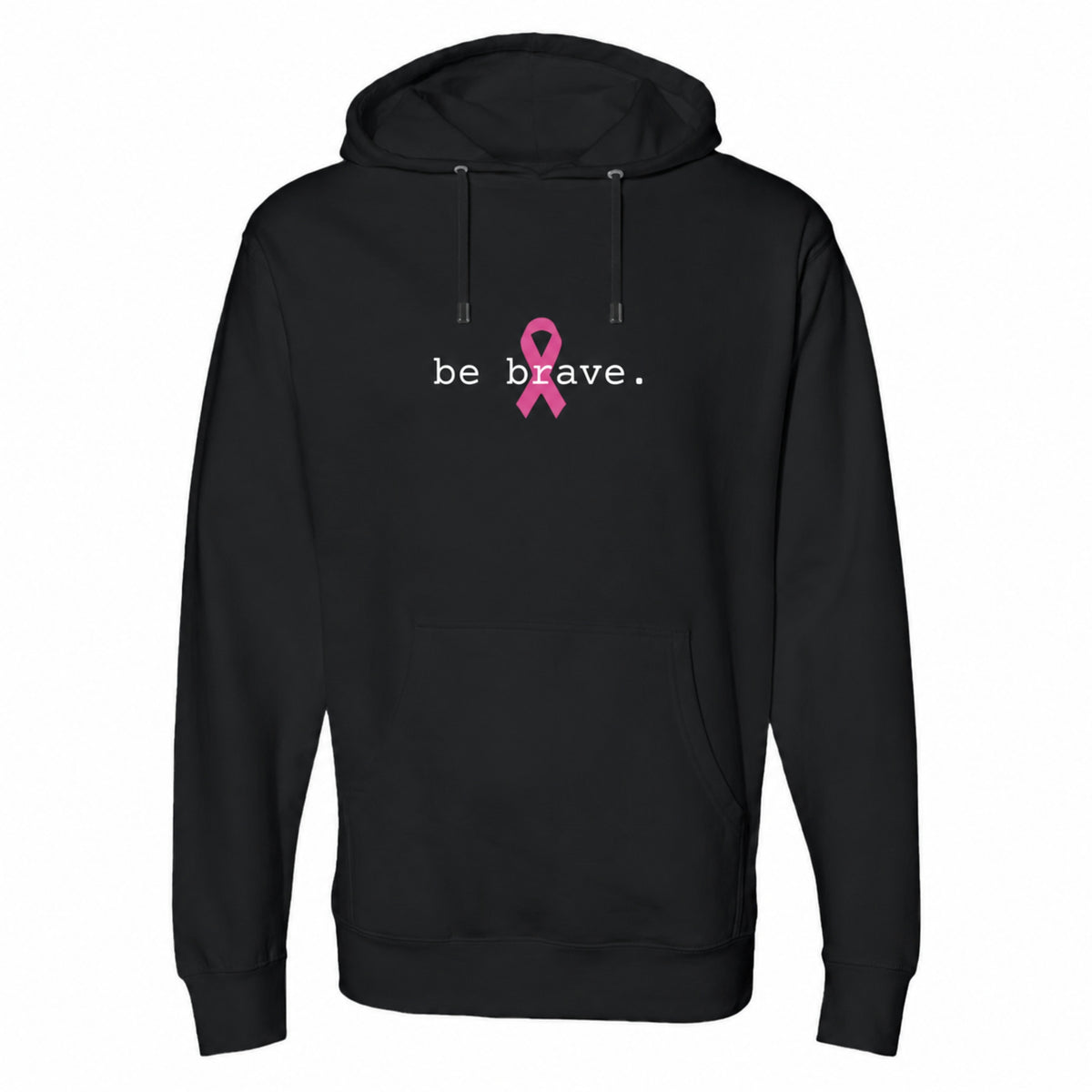 A black pullover hoodie is shown from the front, featuring the word 'be brave.' in white text and a pink awareness ribbon graphic in the center.