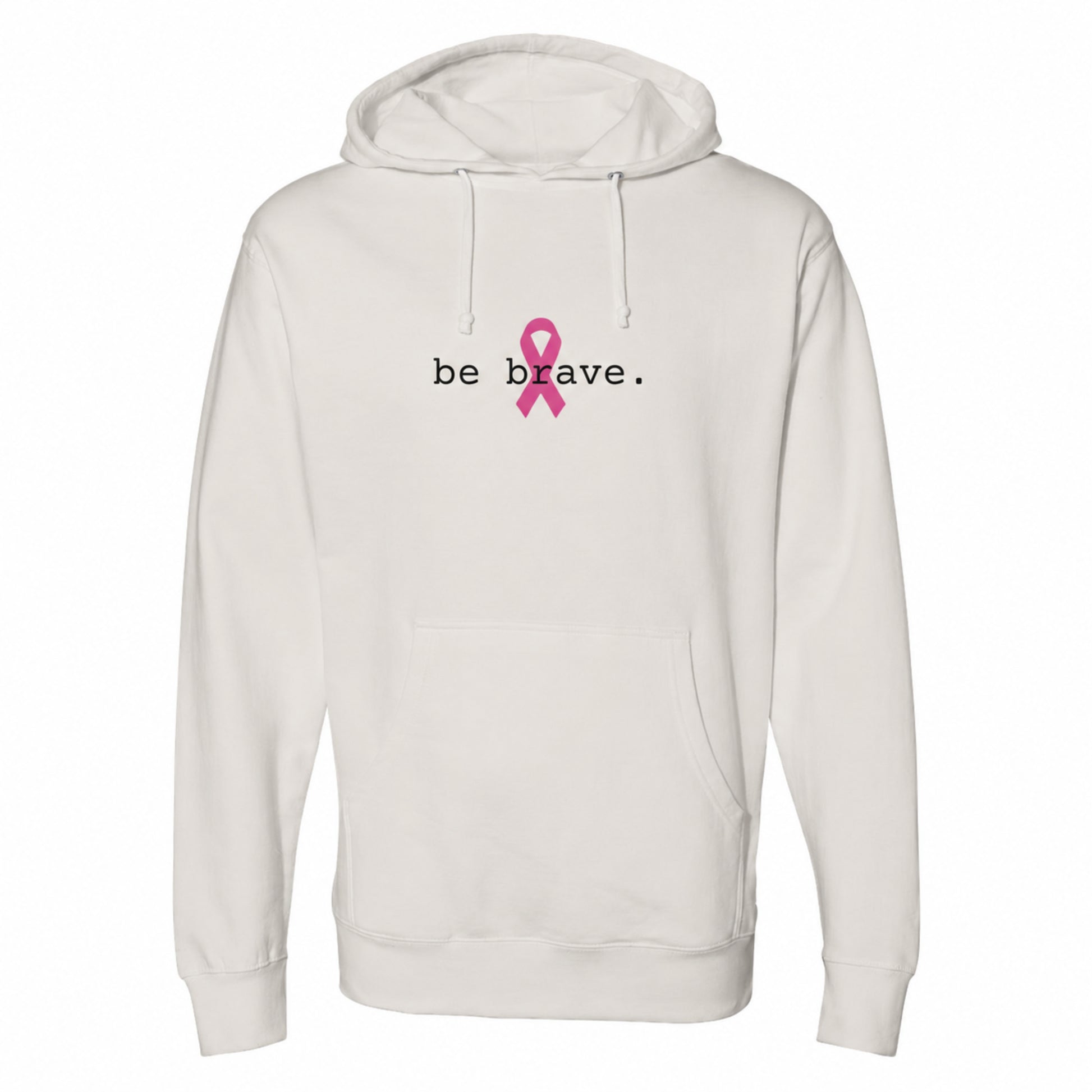 A bone pullover hoodie is shown from the front, featuring the word 'be brave.' in white text and a pink awareness ribbon graphic in the center.