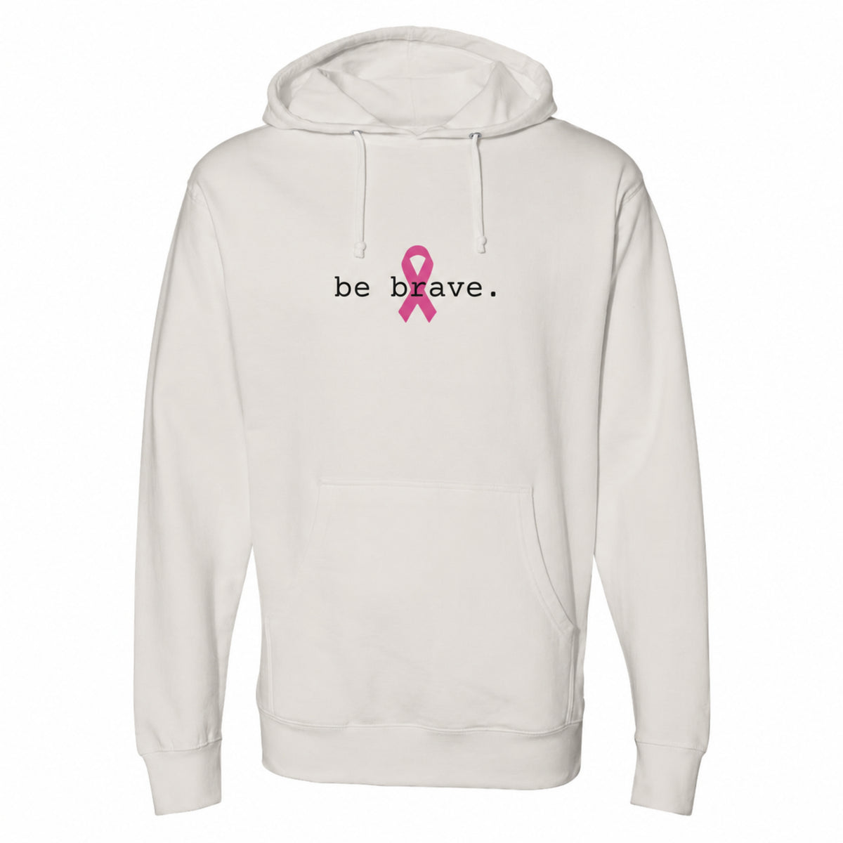 A bone pullover hoodie is shown from the front, featuring the word 'be brave.' in white text and a pink awareness ribbon graphic in the center.