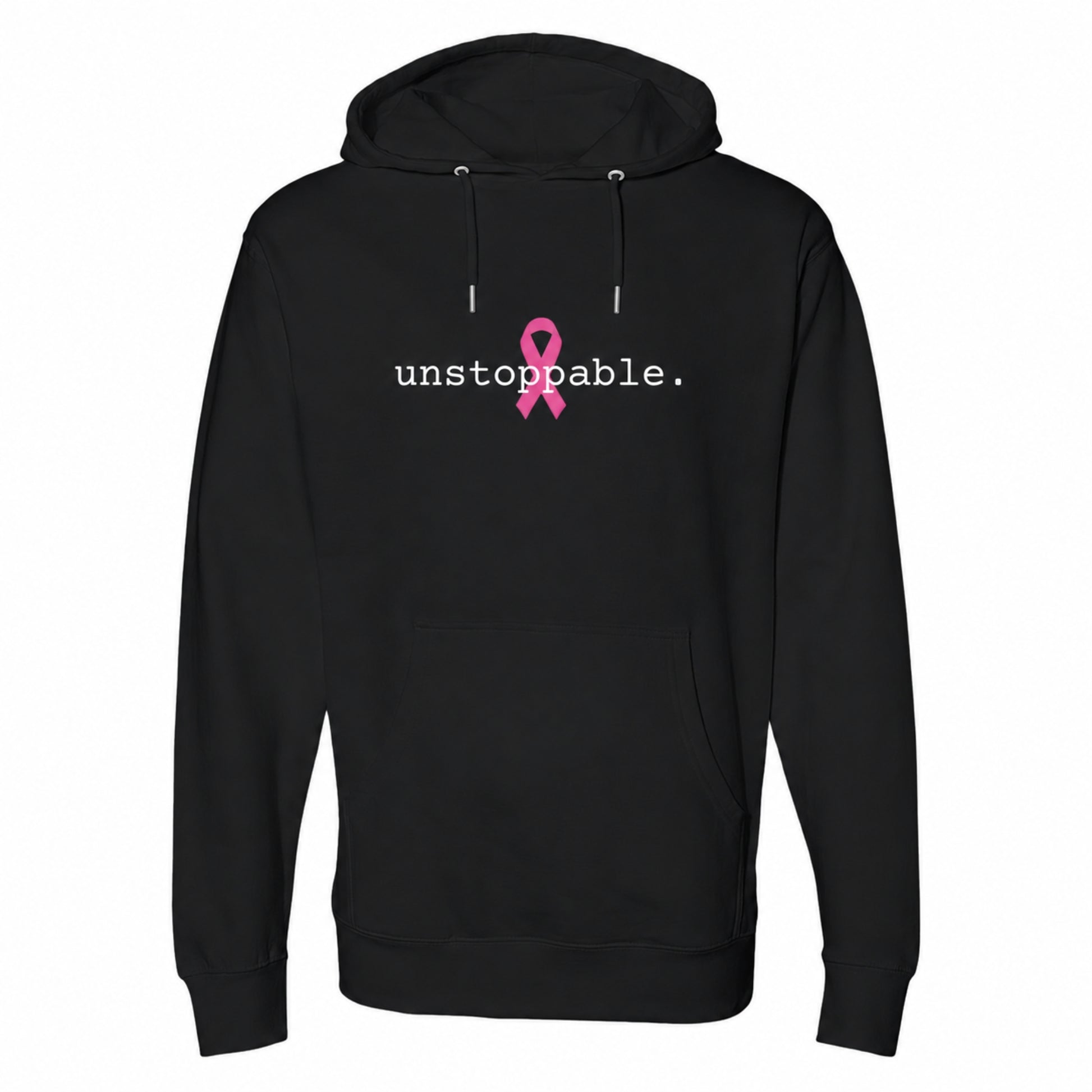 A black pullover hoodie with a front kangaroo pocket and drawstring hood, featuring the word 'unbreakable.' in white text and a pink awareness ribbon printed on the chest, shown on a plain white background.