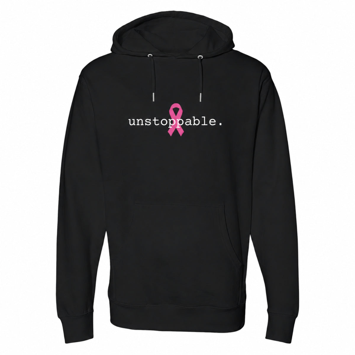 A black pullover hoodie with a front kangaroo pocket and drawstring hood, featuring the word 'unbreakable.' in white text and a pink awareness ribbon printed on the chest, shown on a plain white background.