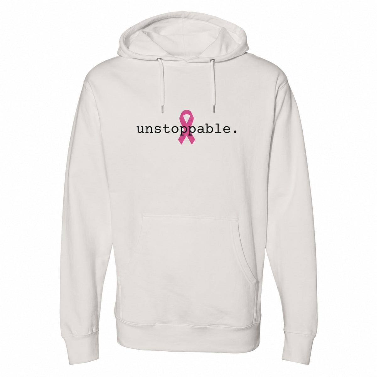 A bone pullover hoodie with a pink ribbon graphic and the text 'stronger t an cancer.' printed on the chest, displayed on a clean white background.