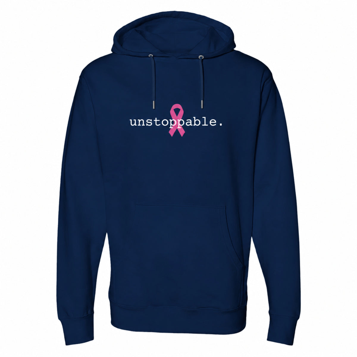 A classic navy blue pullover hoodie with a pink ribbon graphic and the text 'unstoppable.' printed on the chest, displayed against a solid white background.