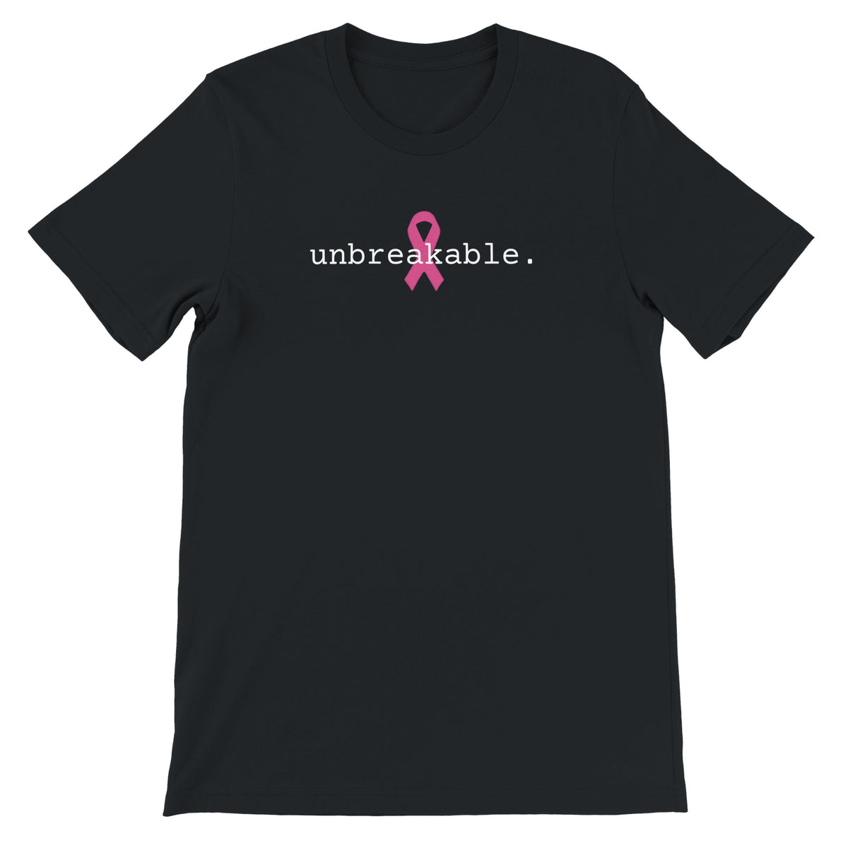 Black t-shirt with white text 'unbreakable.' on a white background