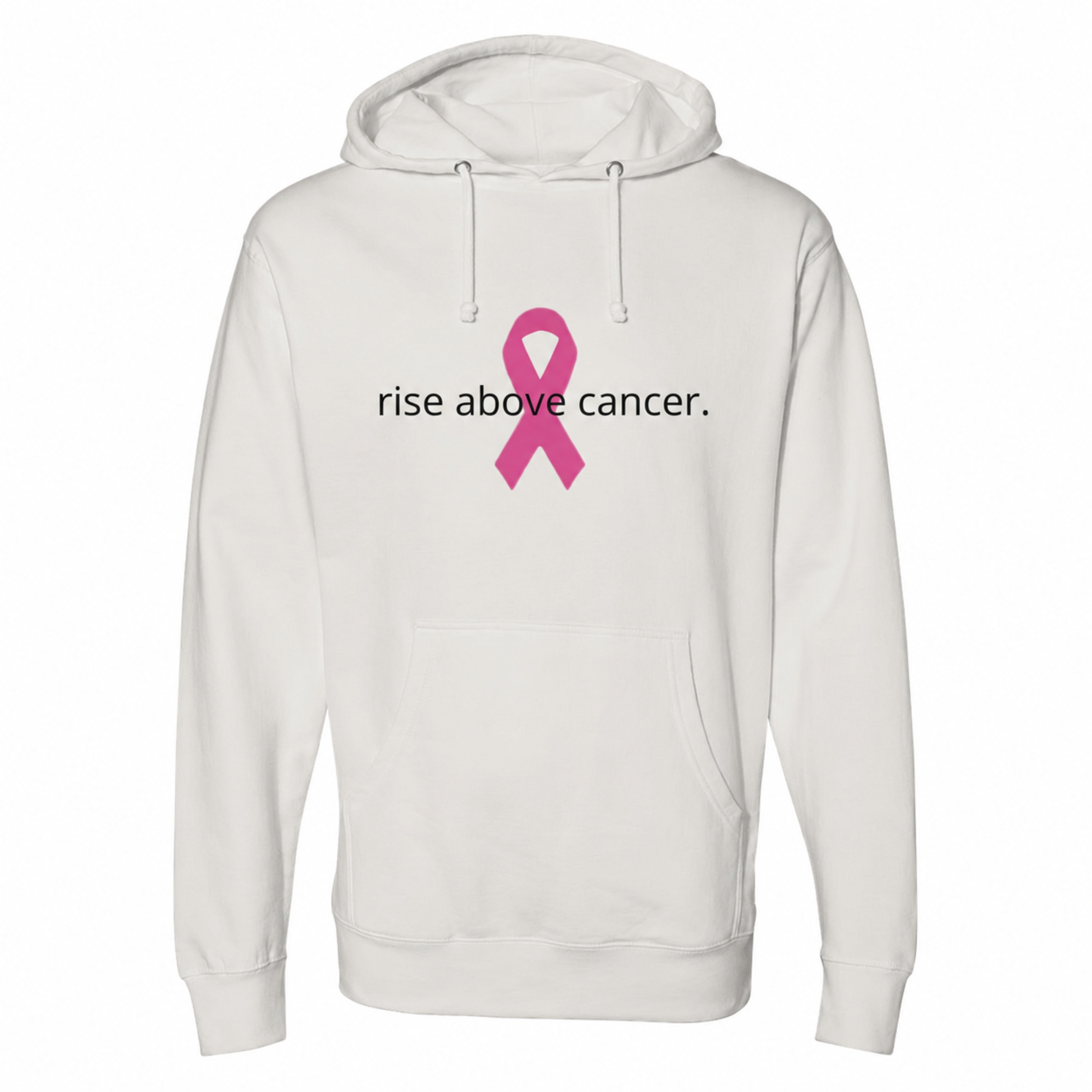 A bone pullover hoodie with a pink ribbon graphic and the text 'rise above cancer.' printed on the chest, shown against a plain white background.