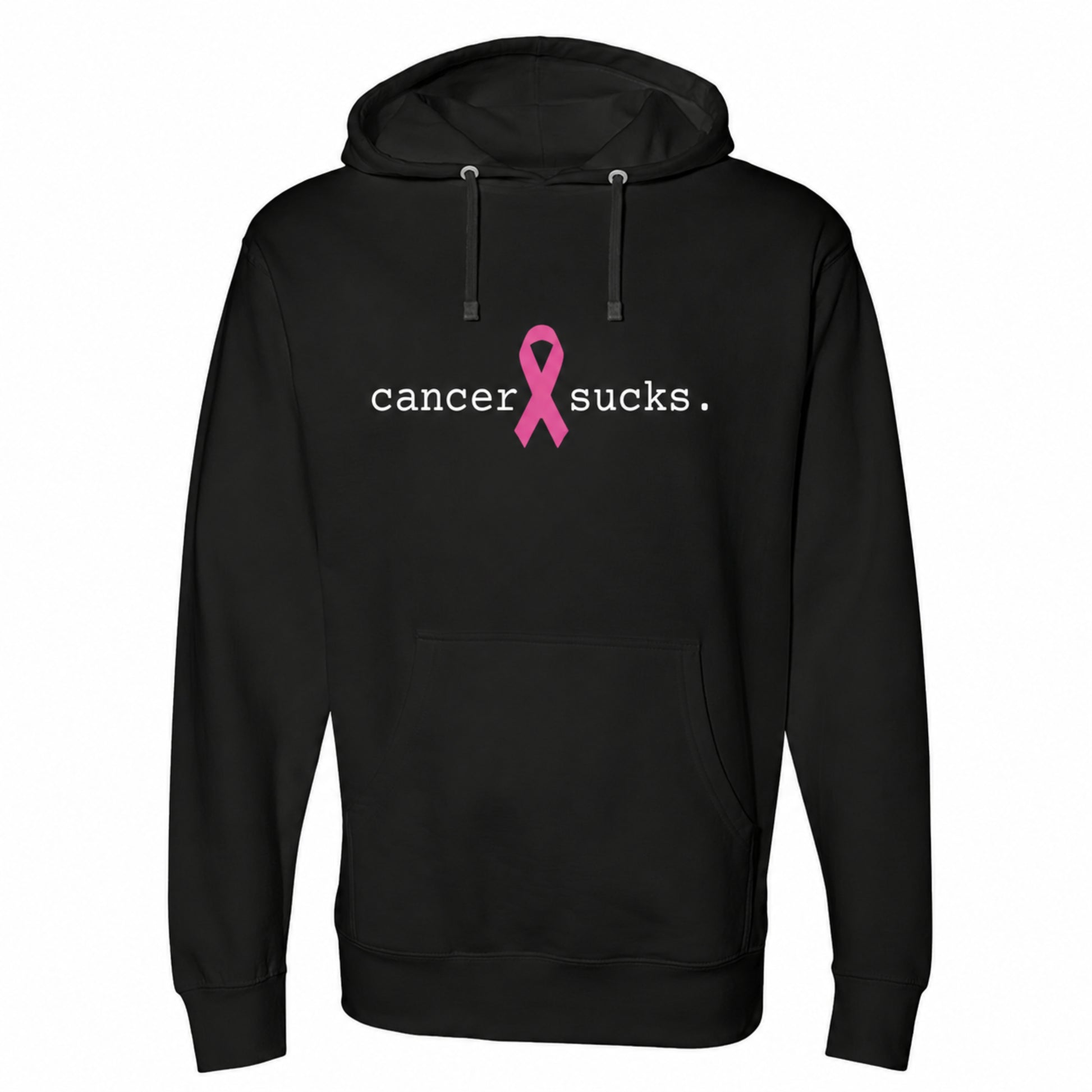 A black pullover hoodie with a front kangaroo pocket and drawstring hood, featuring the text 'cancer sucks.' in white with a pink awareness ribbon graphic, shown on a plain white background.