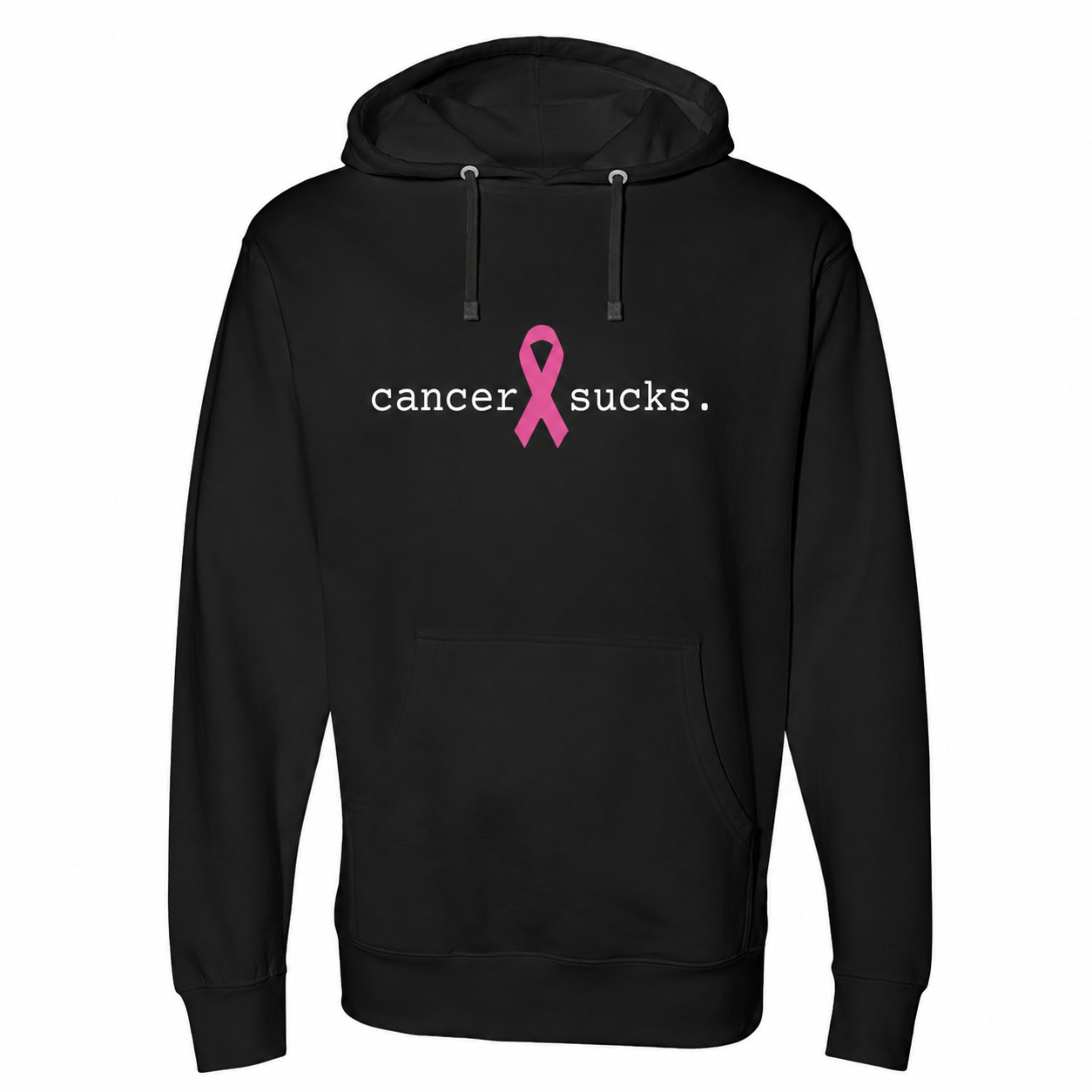 A black pullover hoodie with a front kangaroo pocket and drawstring hood, featuring the text 'cancer sucks.' in white with a pink awareness ribbon graphic, shown on a plain white background.