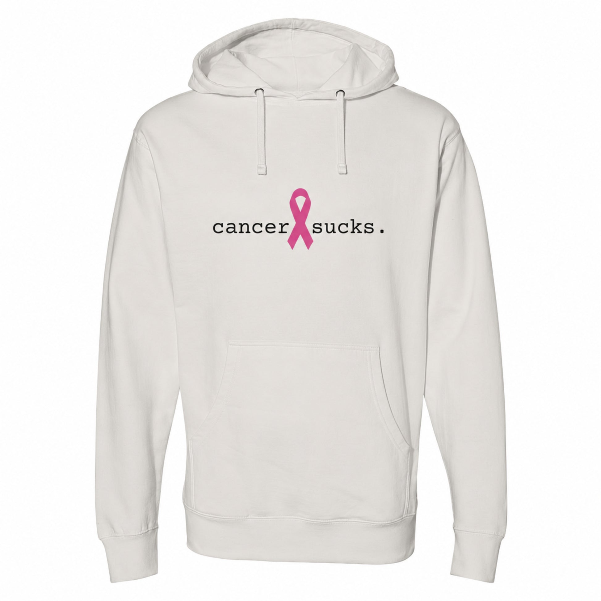A bone pullover hoodie with a front kangaroo pocket and drawstring hood, featuring the text 'cancer sucks.' in black with a pink awareness ribbon graphic in the center of the chest.
