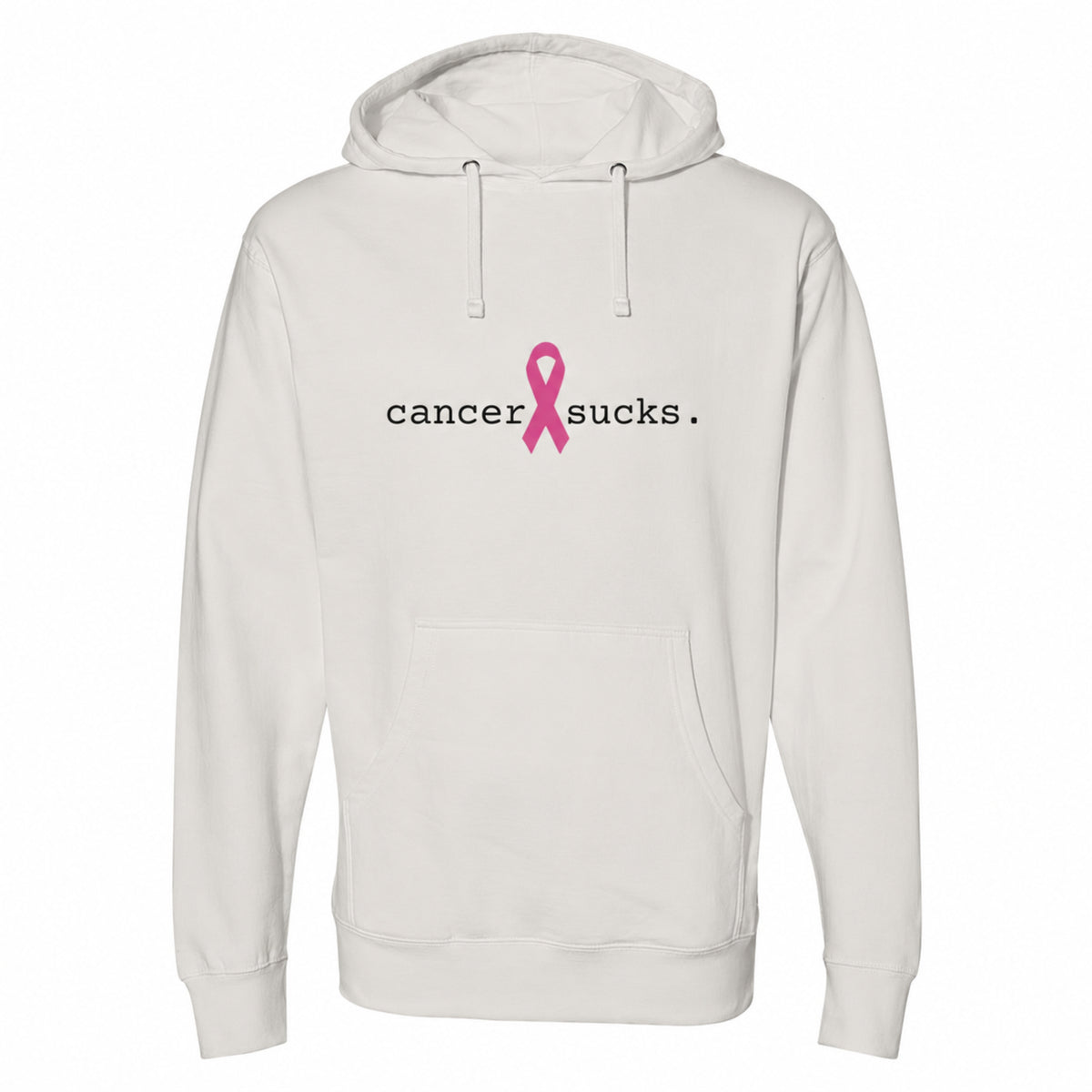 A bone pullover hoodie with a front kangaroo pocket and drawstring hood, featuring the text 'cancer sucks.' in black with a pink awareness ribbon graphic in the center of the chest.