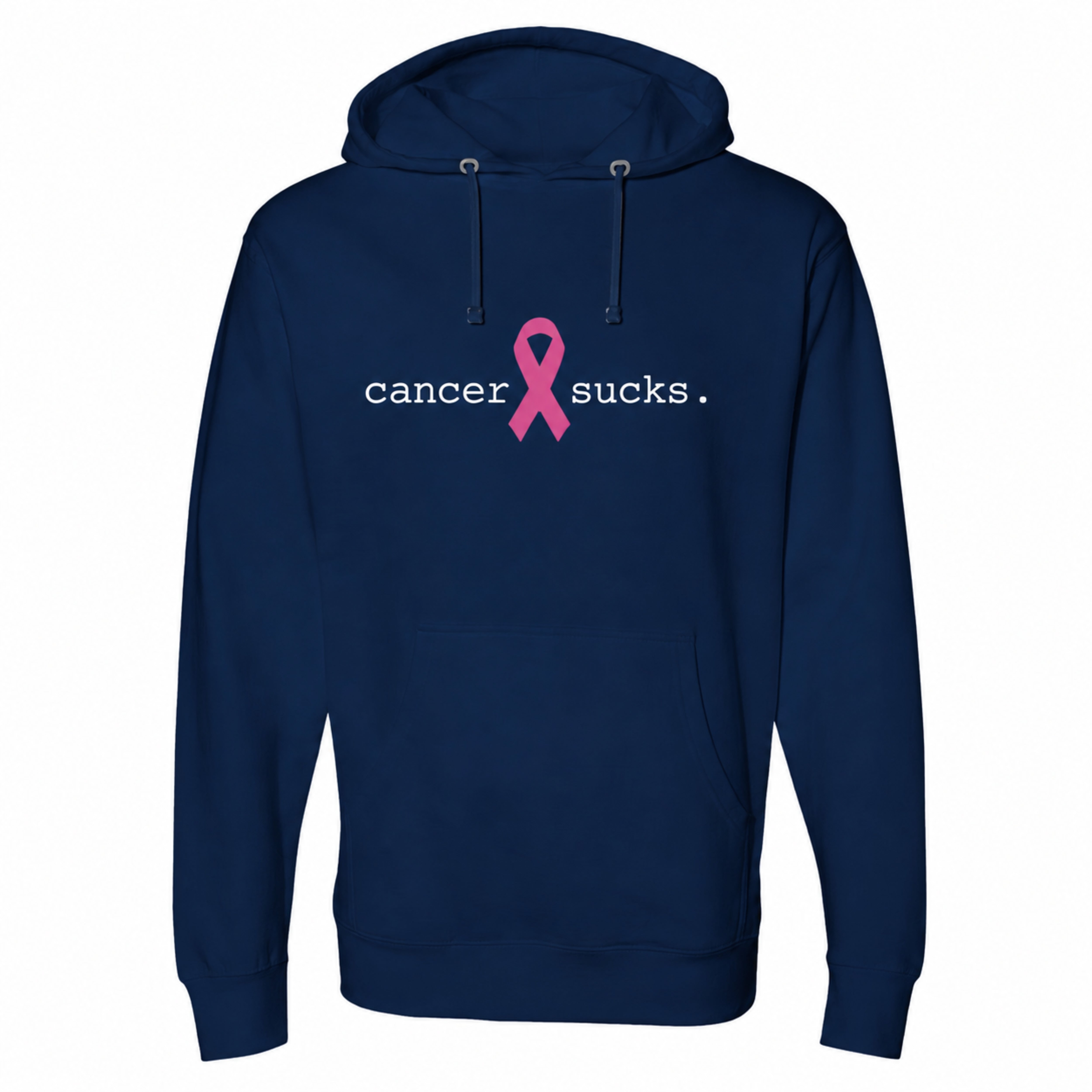 A navy blue pullover hoodie with a front kangaroo pocket and drawstring hood, featuring the text 'cancer sucks.' in white with a pink awareness ribbon graphic in the center, shown on a plain white background.