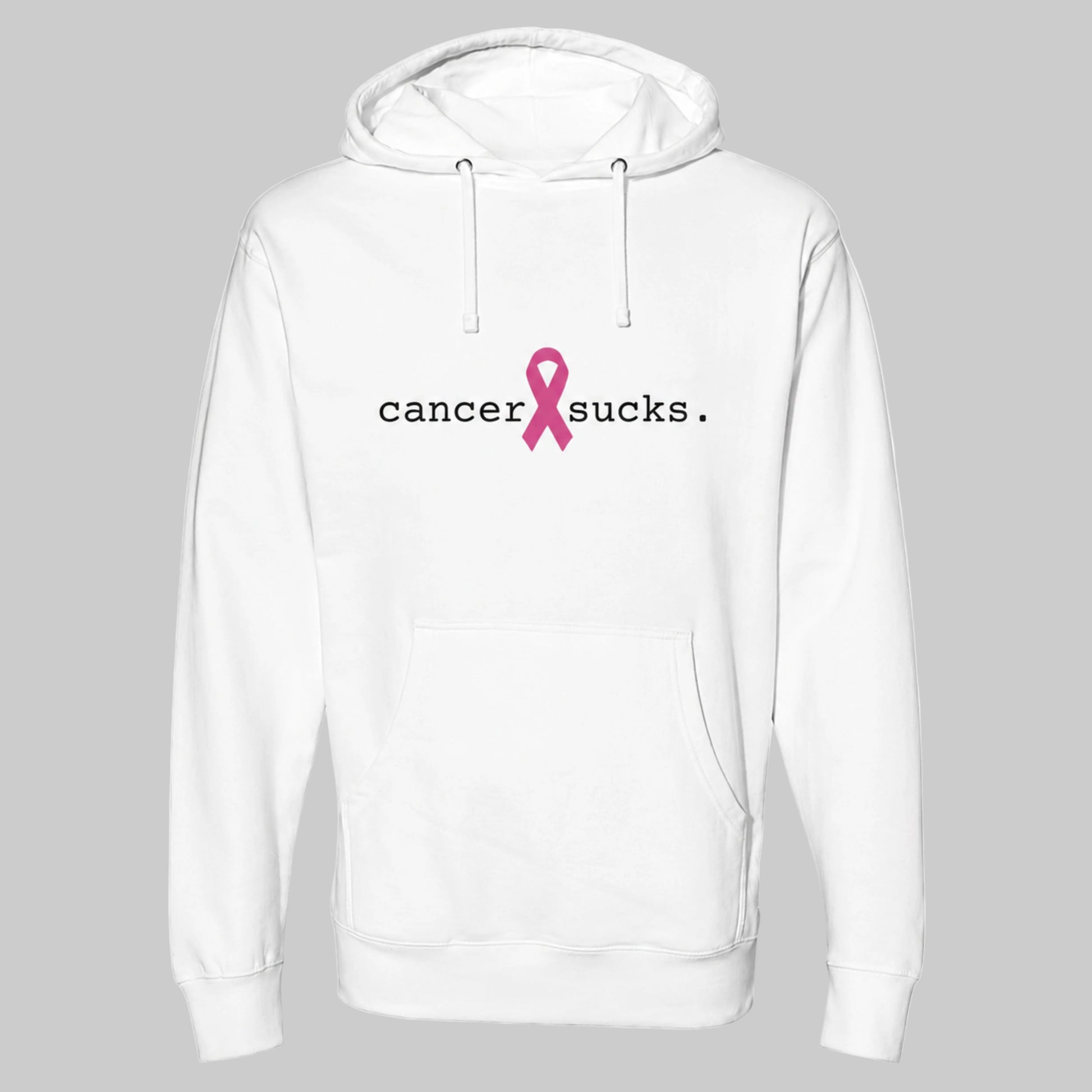 A white pullover hoodie with a front kangaroo pocket and drawstring hood, featuring the text 'cancer sucks.' in black with a pink awareness ribbon graphic in the center.