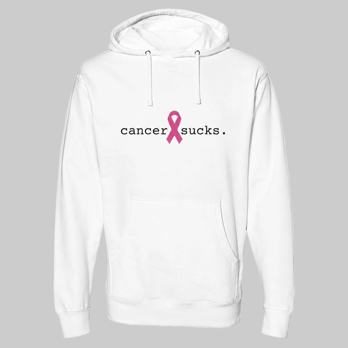 A white pullover hoodie with a front kangaroo pocket and drawstring hood, featuring the text 'cancer sucks.' in black with a pink awareness ribbon graphic in the center.