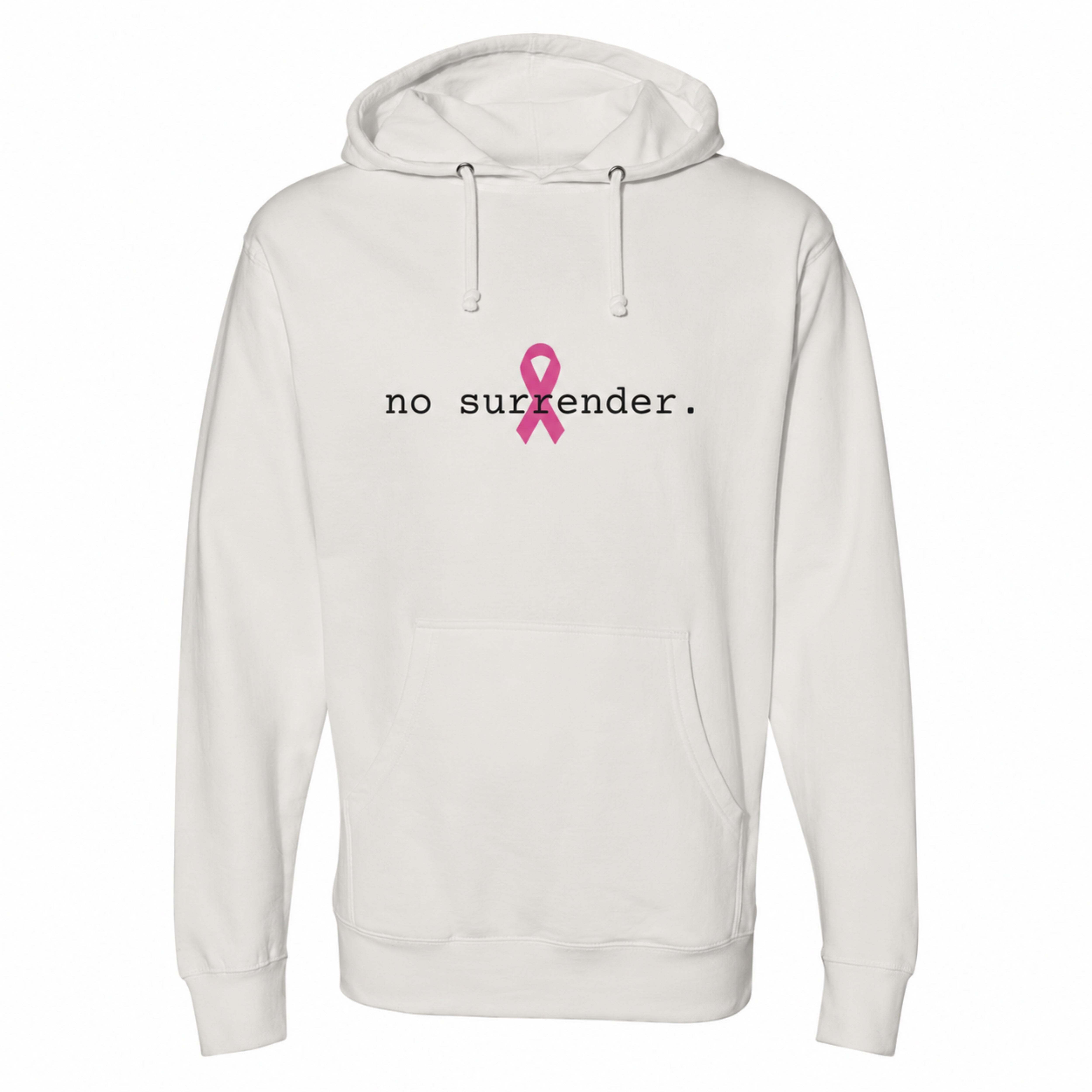 A bone pullover hoodie with a front kangaroo pocket and drawstring hood, featuring the text 'no surrender.' in black next to a pink awareness ribbon graphic on the chest.
