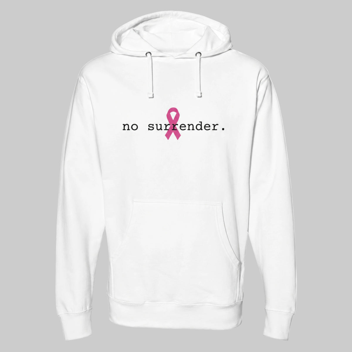 A white pullover hoodie with a pink ribbon graphic and the text 'you matter.' printed on the center chest, displayed against a solid warm gray background