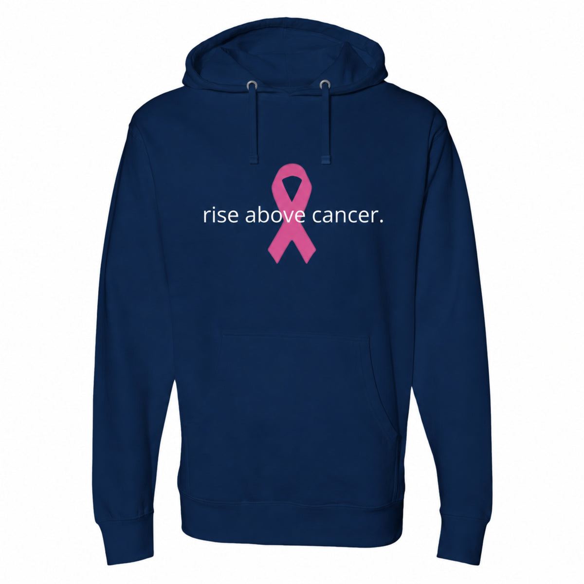 A classic navy blue pullover hoodie with a pink ribbon graphic and the white text 'rise above cancer.' printed on the chest, shown against a plain white background.