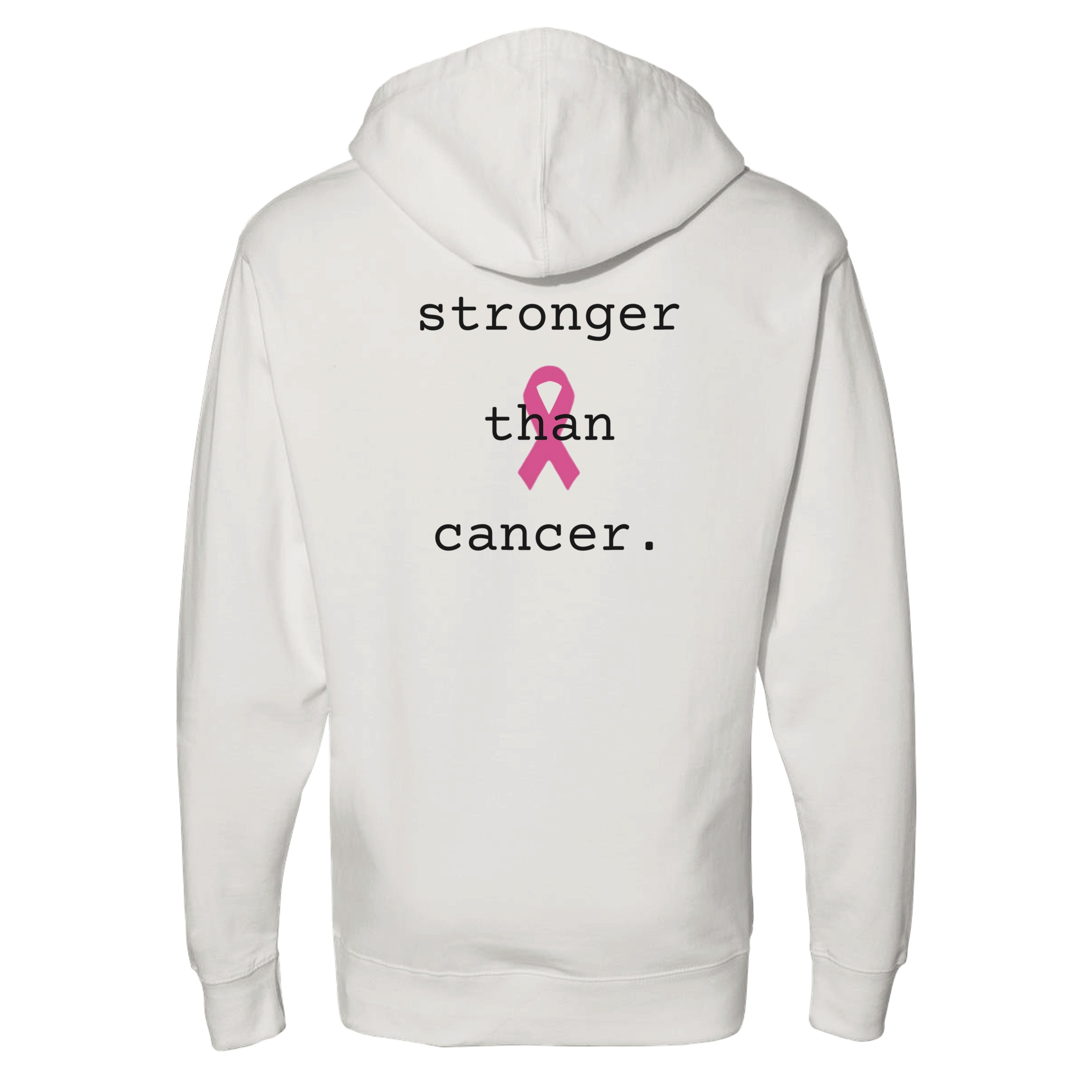 A bone pullover hoodie shown from the back, featuring the printed text 'stronger than cancer.' in black with a pink awareness ribbon in the center.