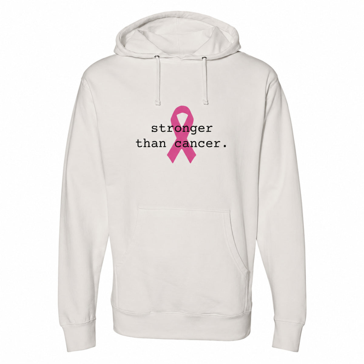 A bone pullover hoodie with a pink awareness ribbon and the text 'stronger than cancer.' printed on the chest, shown against a plain white background.